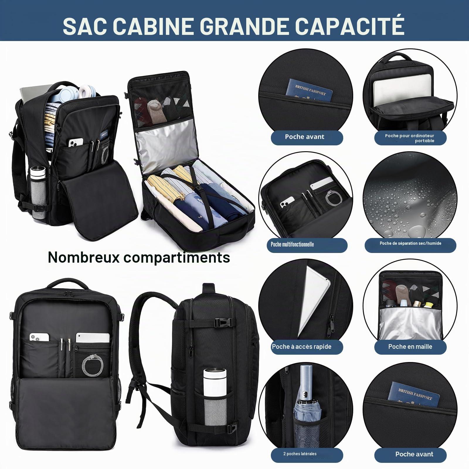 Bagage Cabine 55x40x20cm Grande Sac a Dos Voyage Cabine Avion 44L Femme Homme Bagage à Main Sac a Dos Cabine Valise Sac à Dos pour Ordinateur Portable 18.4Pouces, Noir