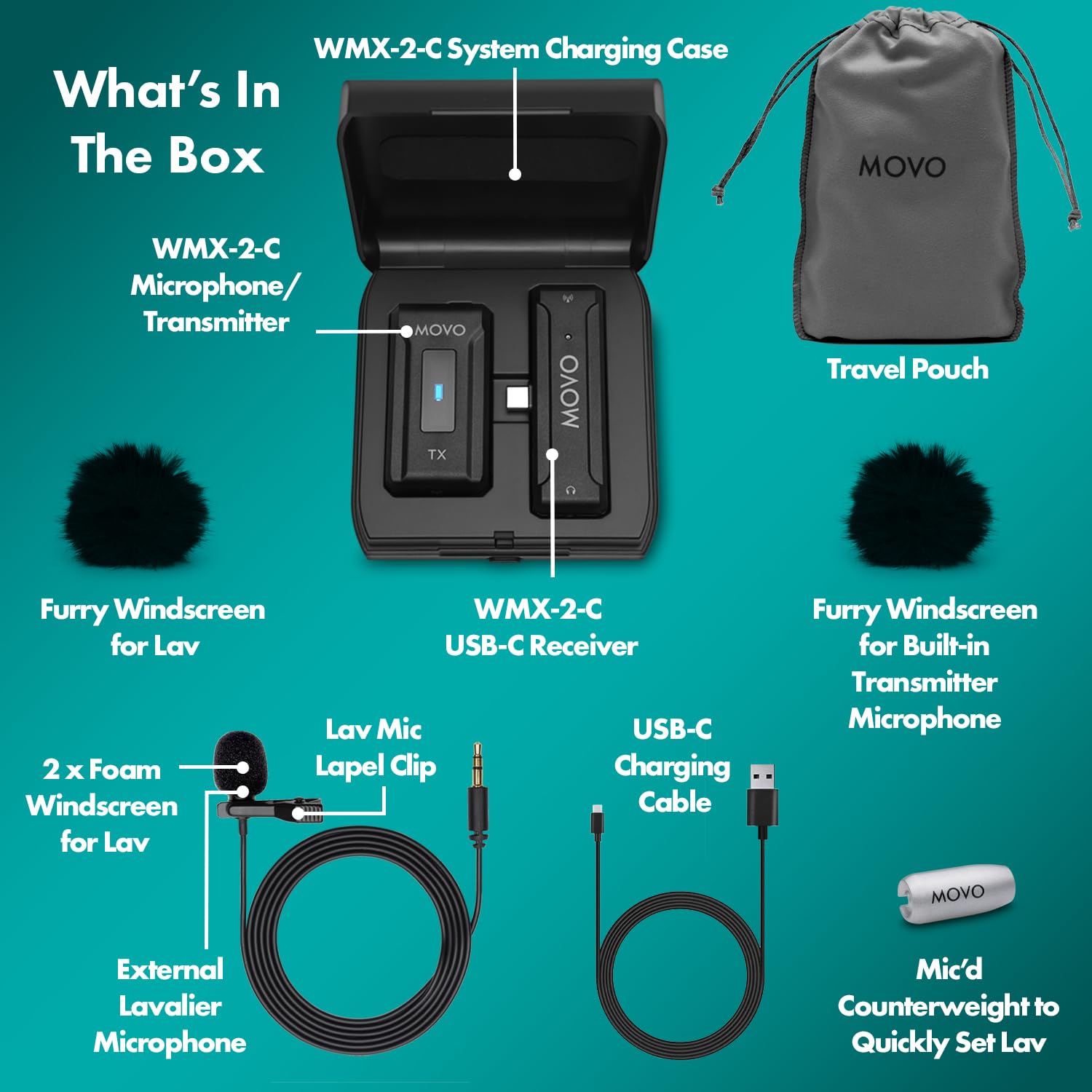 Movo - WMX-2-C Micrófono de Solapa inalámbrico para Android con Estuche de Carga, micrófono Integrado, micrófono de Solapa con Clip, batería 7HR, Rango de 328', Ganancia Ajustable, Pantalla LED