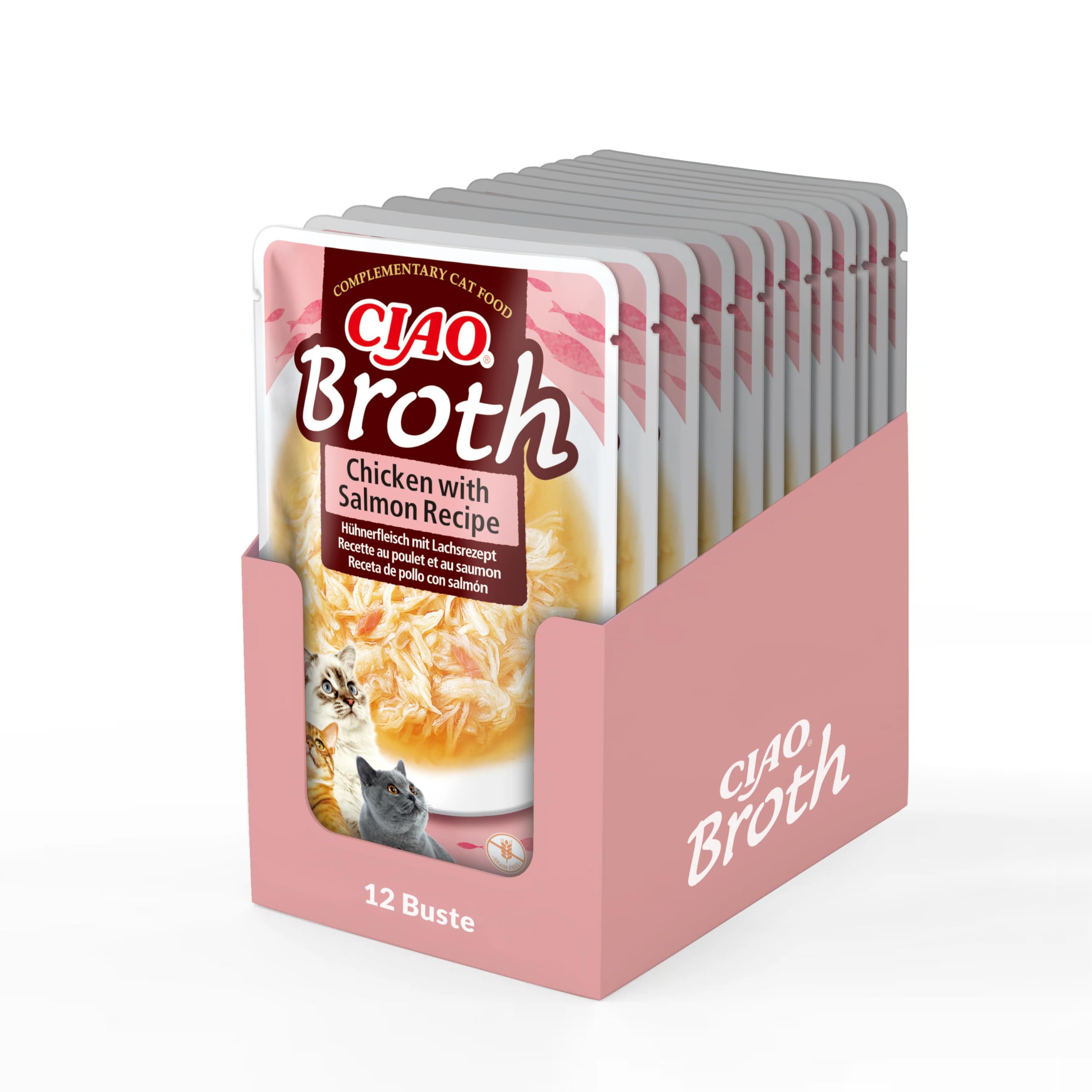 INABA CIAO Brodo di Pollo e Salmone, Cibo Umido per Gatti - Brodo Sano e Gustoso con Straccetti di Pollo - 12 Buste x 40 gr - Cibo per Gatti Senza Conservanti o Coloranti Artificiali, Grain-Free