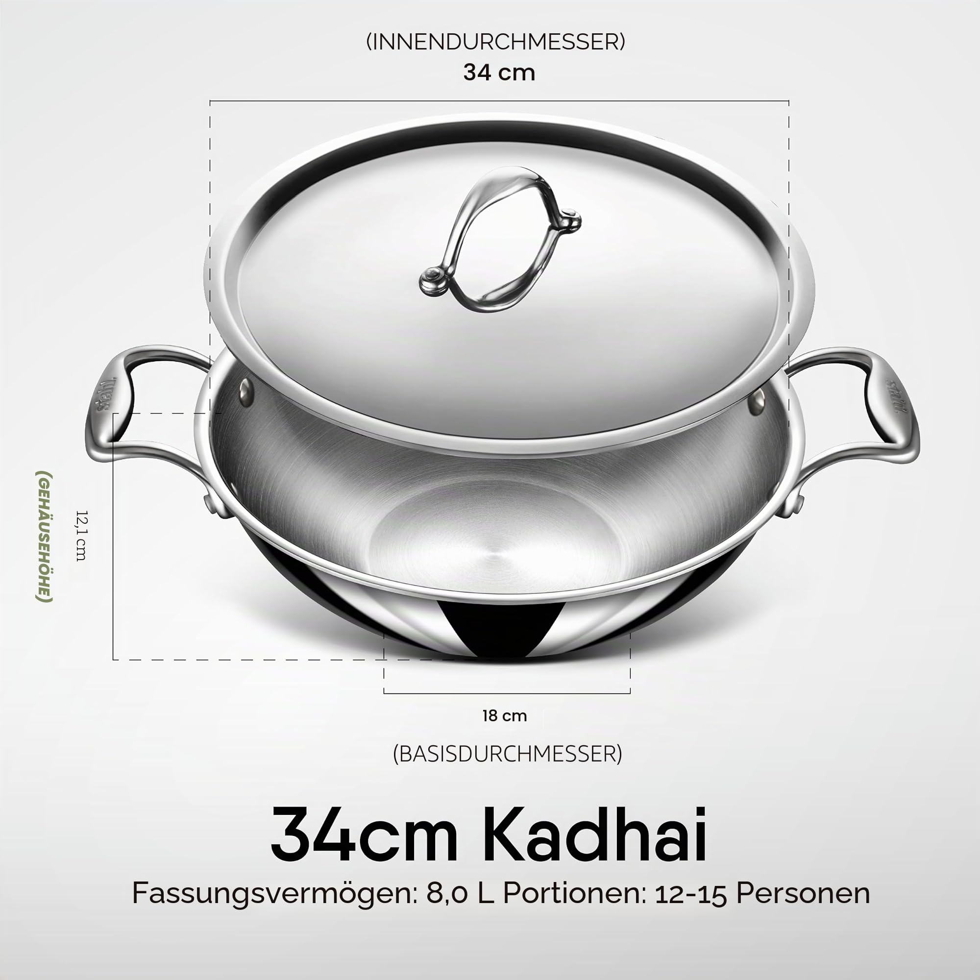 Stahl Edelstahl Triply Wok mit Deckel | Edelstahl-Kochgeschirr Triply Wok | Gas- & Induktionsboden | Ø 34 cm | 8 L (für 8-10 Personen)