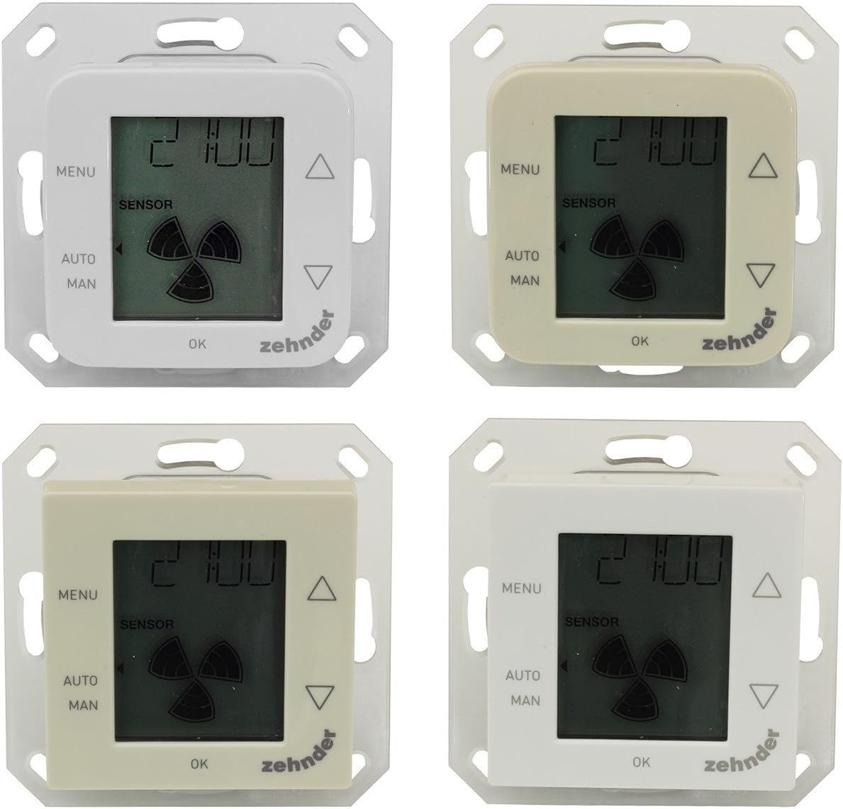 Four Zehnder ComfoSense 55 operating units with different bezel colors and shapes.