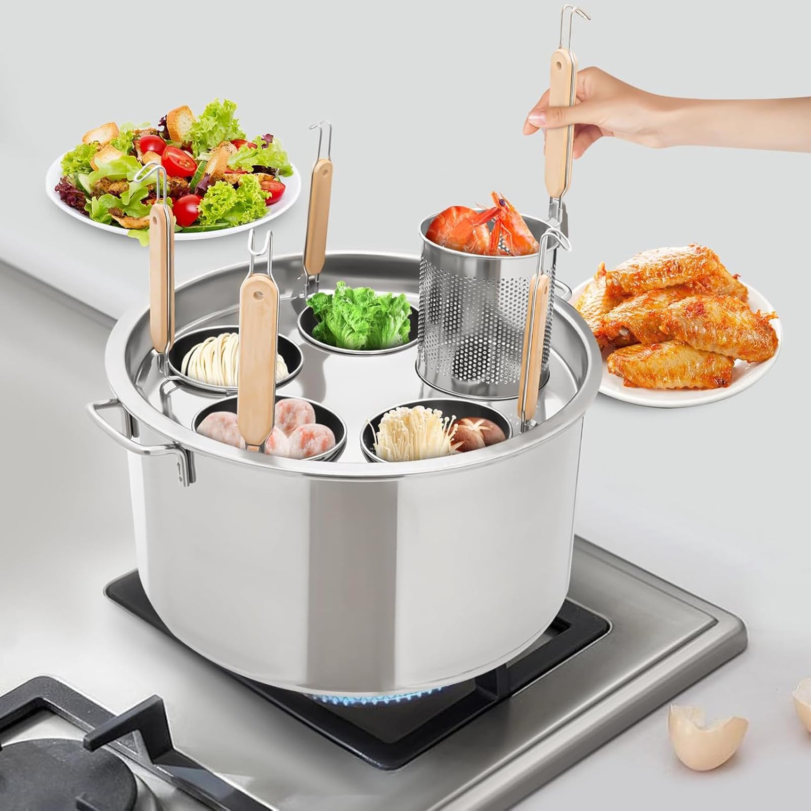 Olla para Pasta, Olla para Pasta con Cuatro o Cinco cestas coladoras, Juego de Insertos de Acero Inoxidable, Herramienta de Cocina para Pasta, Fideos, albóndigas, fácil de Limpiar (4Holes)