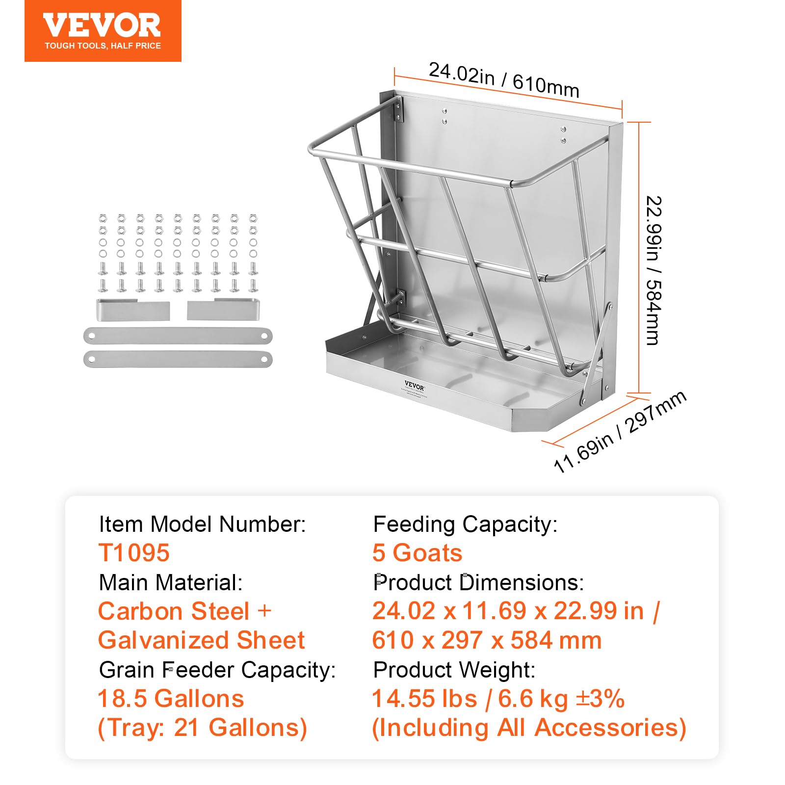 VEVOR Heuraufe Vieh 610 x 297 x 584 mm 2-in-1-Futterautomat für Heu & Getreide Wandraufe mit Futterschale Futtertrog für Ziegen aus Stahl