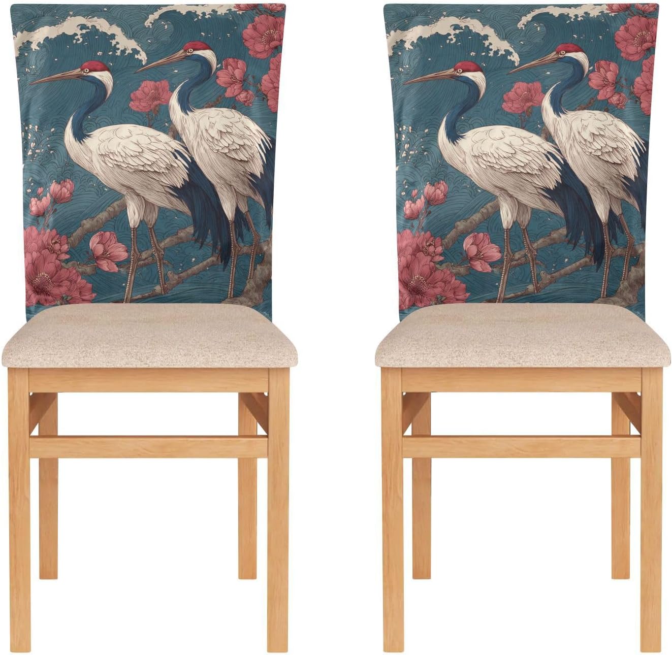 ALAZA Japanese Ocean Waves Cranes Peony Chair Back Cover Set of 6, Washable Reusable Removable Chair Slipcovers Decorative Chair Cover for Home Kitchen Wedding Party