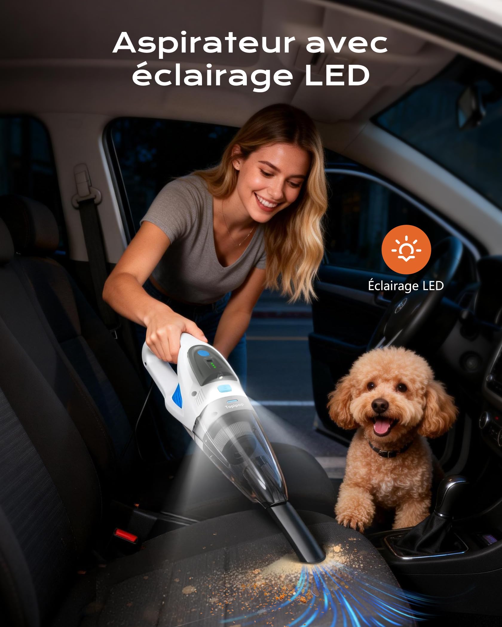 Topipop Aspirateur à Main sans Fil 25000Pa, Batterie 8000mAh & Filtre HEPA Lavable, Mini Aspirateur avec LED, 3 Embouts et Station de Charge pour Maison, Voiture, Poils d'animaux (Blanc)