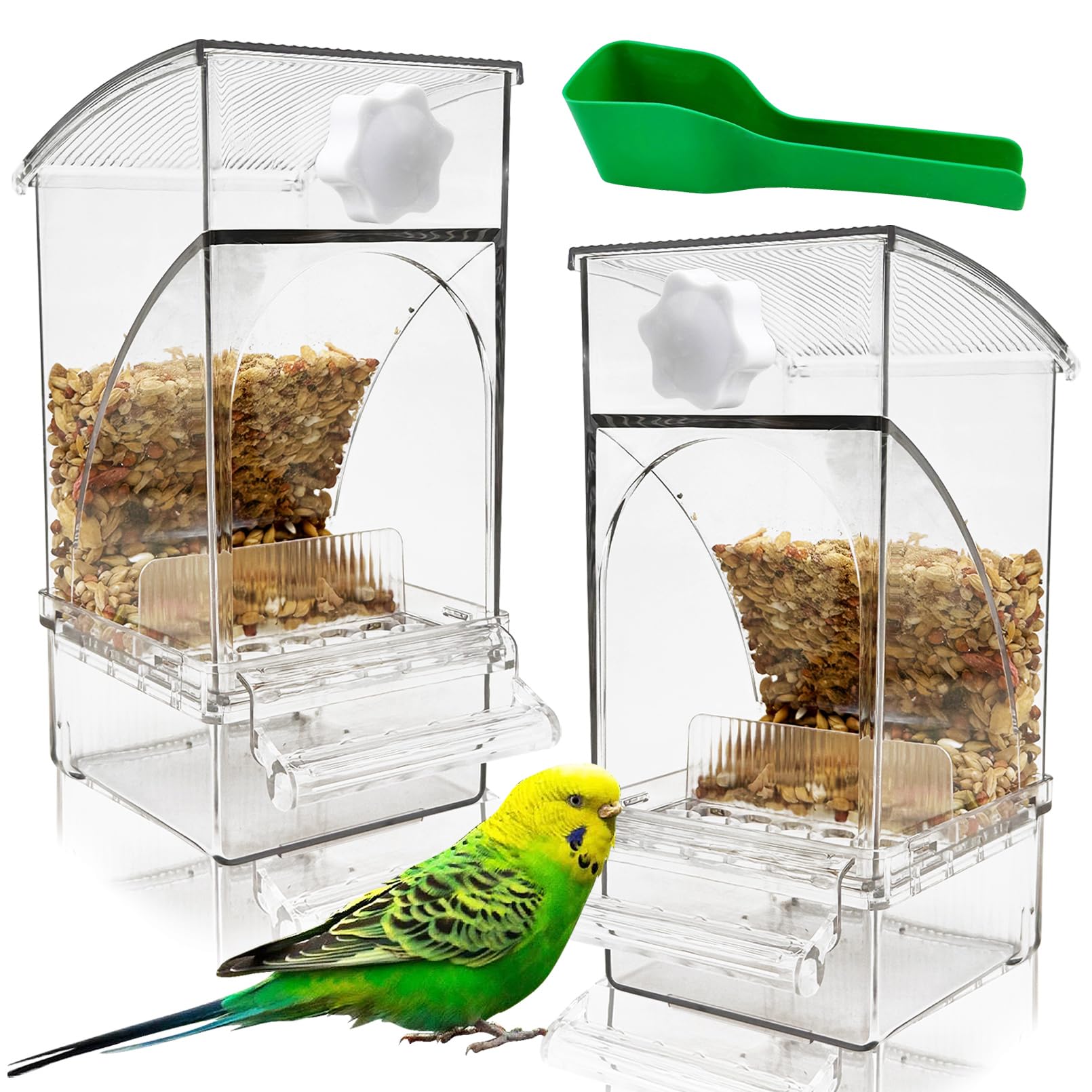 Hamiledyi 2Pcs No Mess Bird Feeder Automatic Bird Cage Feeder Transparent Acrylic Parrot Seed Food Container with Perch for Parakeet Finch Lovebirds Budgies Canary