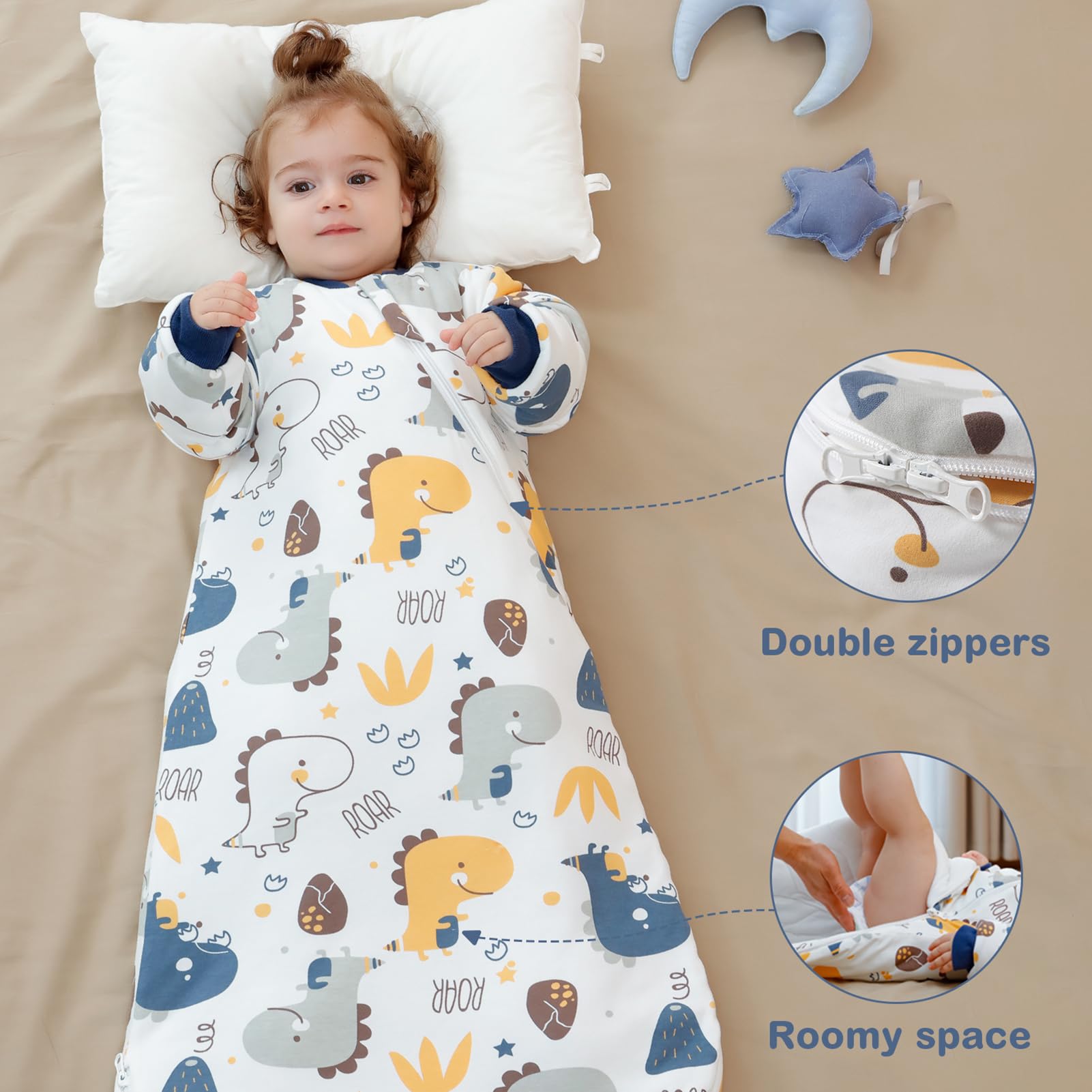 MIKAFEN Sacco nanna invernale per bambini 3,5 tog con maniche rimovibili, 100% cotone sacco a pelo con braccia,Piccoli Dinosauri 24-36 mesi