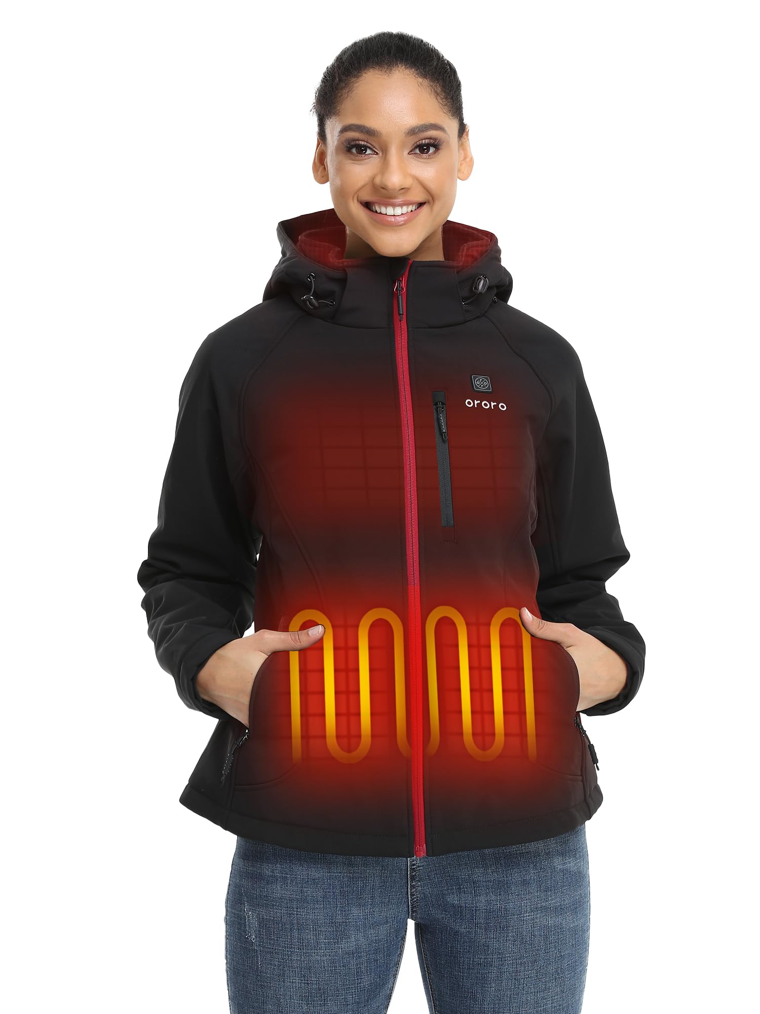 Ororo Women's Black/Red Heated Jacket With Heated Collar, 4 Heat Zones Heated Coat With Usb C Battery (,L)