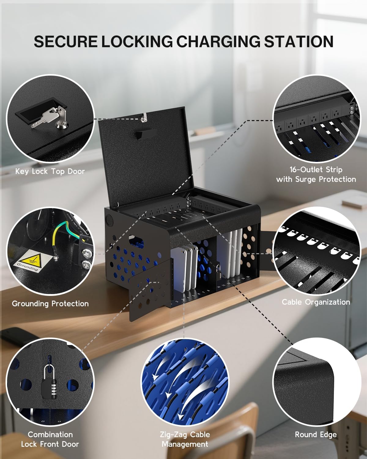 POCHAR 16-Device Locking Tablet Charging Station - Classroom Charging Station for Chromebook Tablet Laptop - Metal Laptop Charging Cart with Cable Management and Charger Organization (Black)
