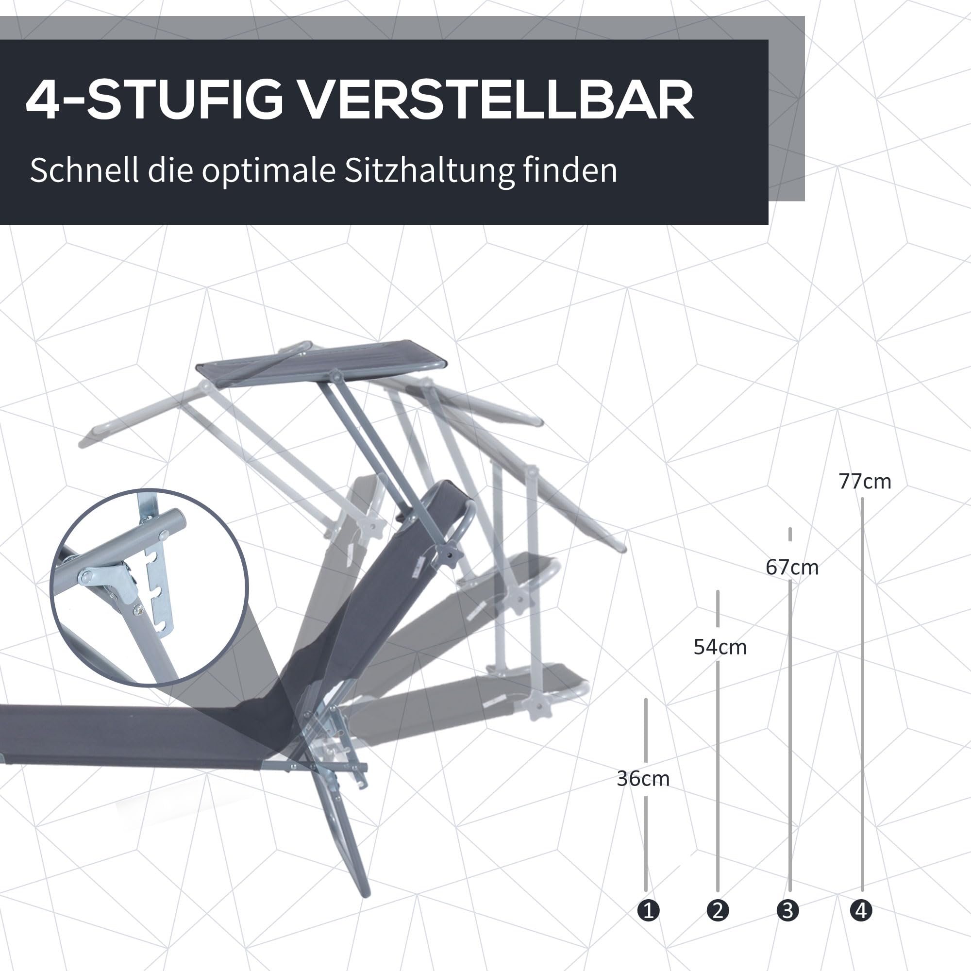 Outsunny Sonnenliege klappbar Gartenliege mit Dach, Liegestuhl mit 4-Fach verstellbare Rückenlehne, wetterfeste Campingliege bis 120 kg belastbar, für Garten Strand Pool, Grau