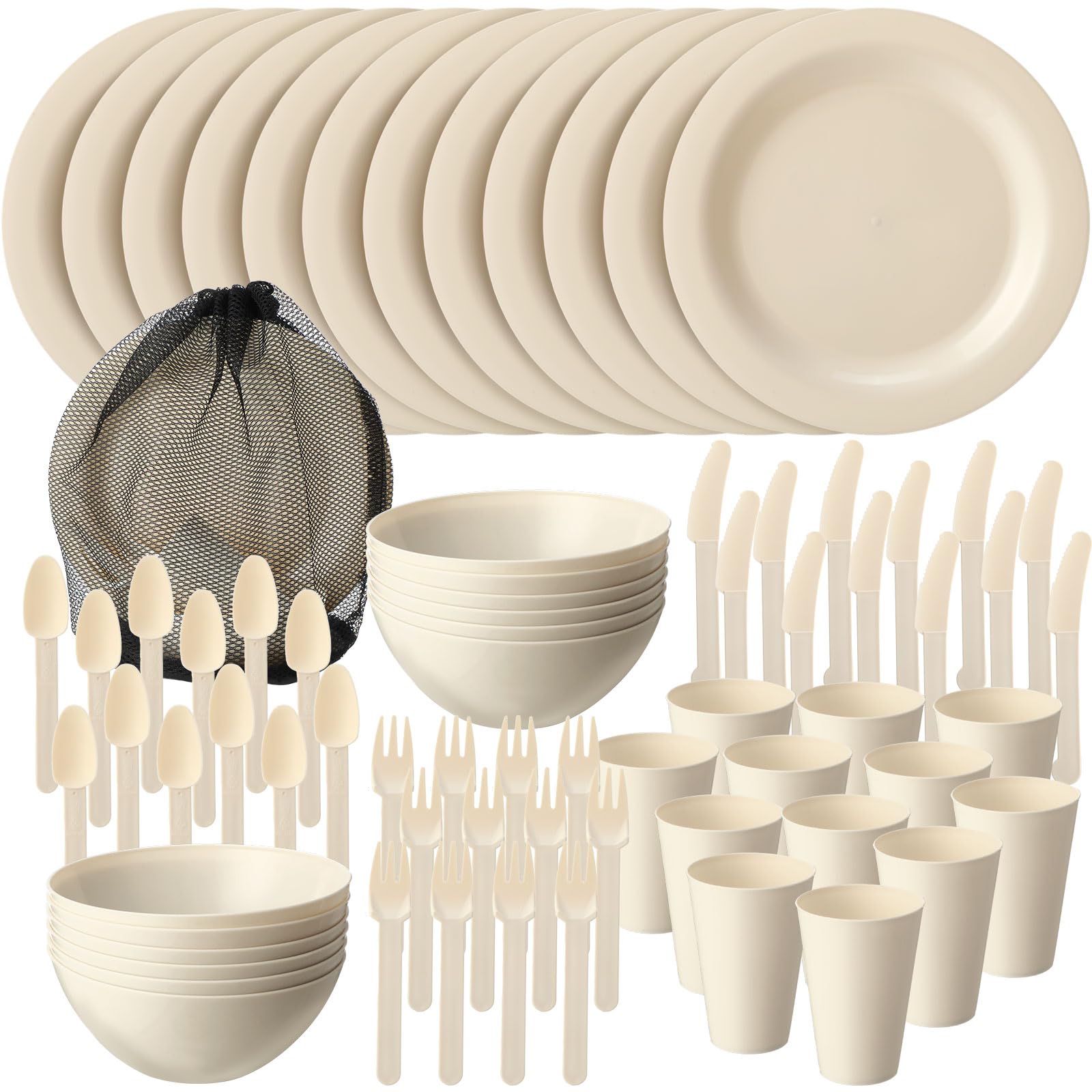 LemonRoad 12 Set Beige Plastic Dinnerware Set with Cutlery Unbreakable Plates and Bowls with Storage Mesh Bag Dishwasher & Microwave Safe Reusable Dish for Camping Rv Outdoor Kitchen Apartment Dining