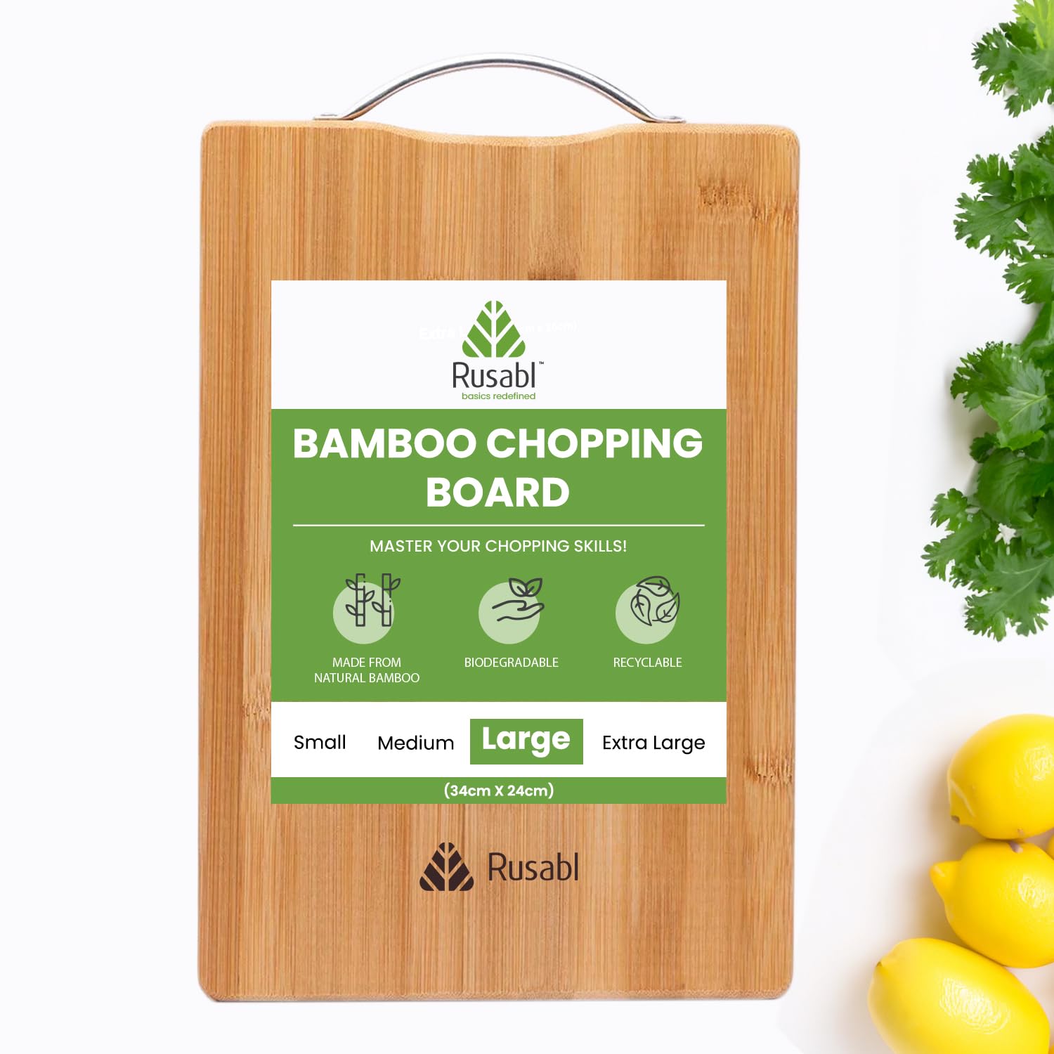 Rusabl Bamboo Wooden Chopping Board with Metal Handle (L, 34 x 24 cms, 1.8 cm Thickness) Multipurpose Cutting Board for Fruits & Vegetables, for Kitchen Use, BPA Free, Eco-Friendly, Anti-Microbial Rusabl Bamboo Wooden Chopping Board with Metal Handle (L, 34 x 24 cms, 1.8 cm Thickness) Multipurpose Cutting Board for Fruits & Vegetables, for Kitchen Use, BPA Free, Eco-Friendly, Anti-Microbial