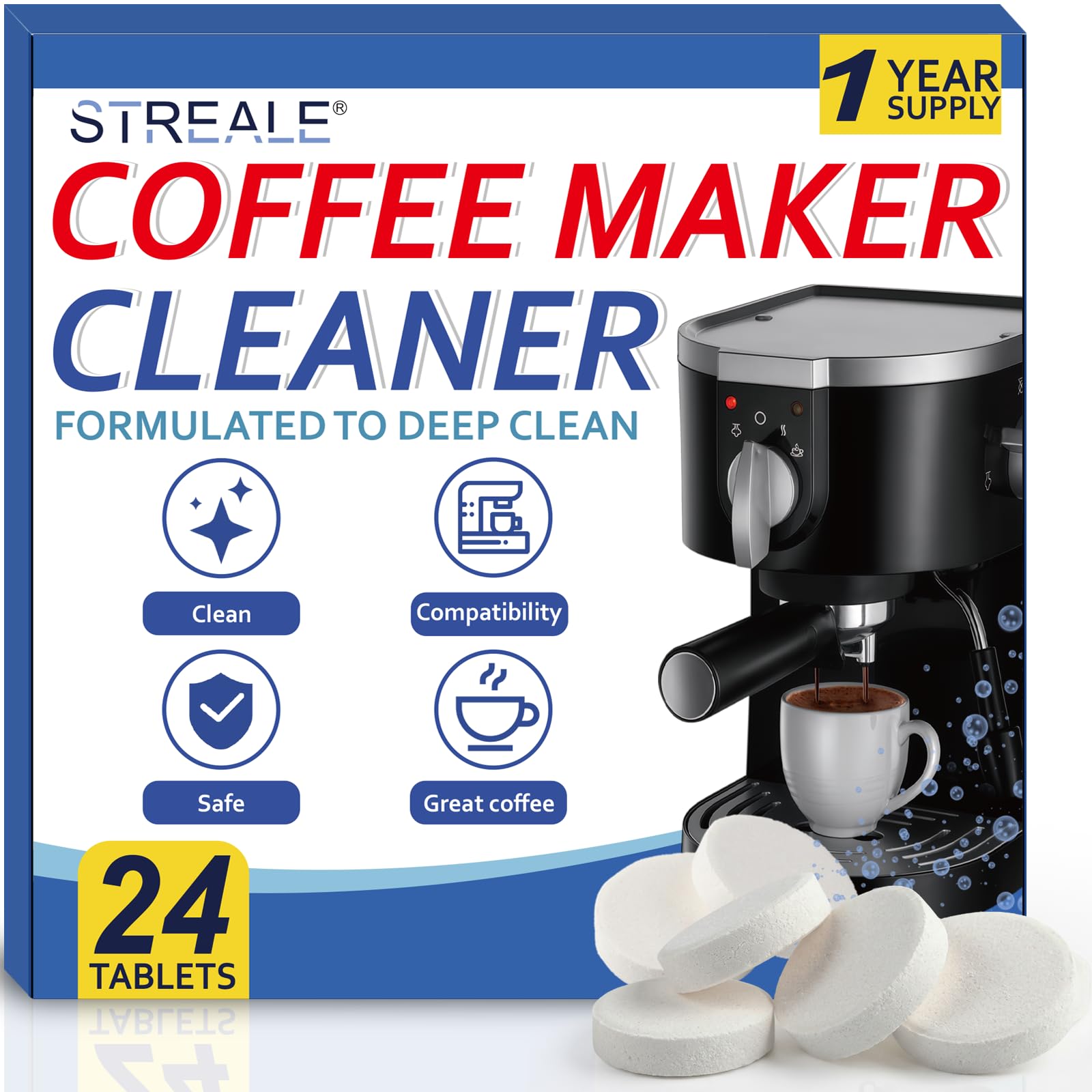 Coffee Machine Cleaner &amp; Descaler Tablets - 24 Pack, Compatible with Nespresso, Keurig, Ninja, DeLonghi, Miele, Breville, Philips &amp; All Major Brands, for Coffee Maker Pot, Espresso &amp; Drip Machines