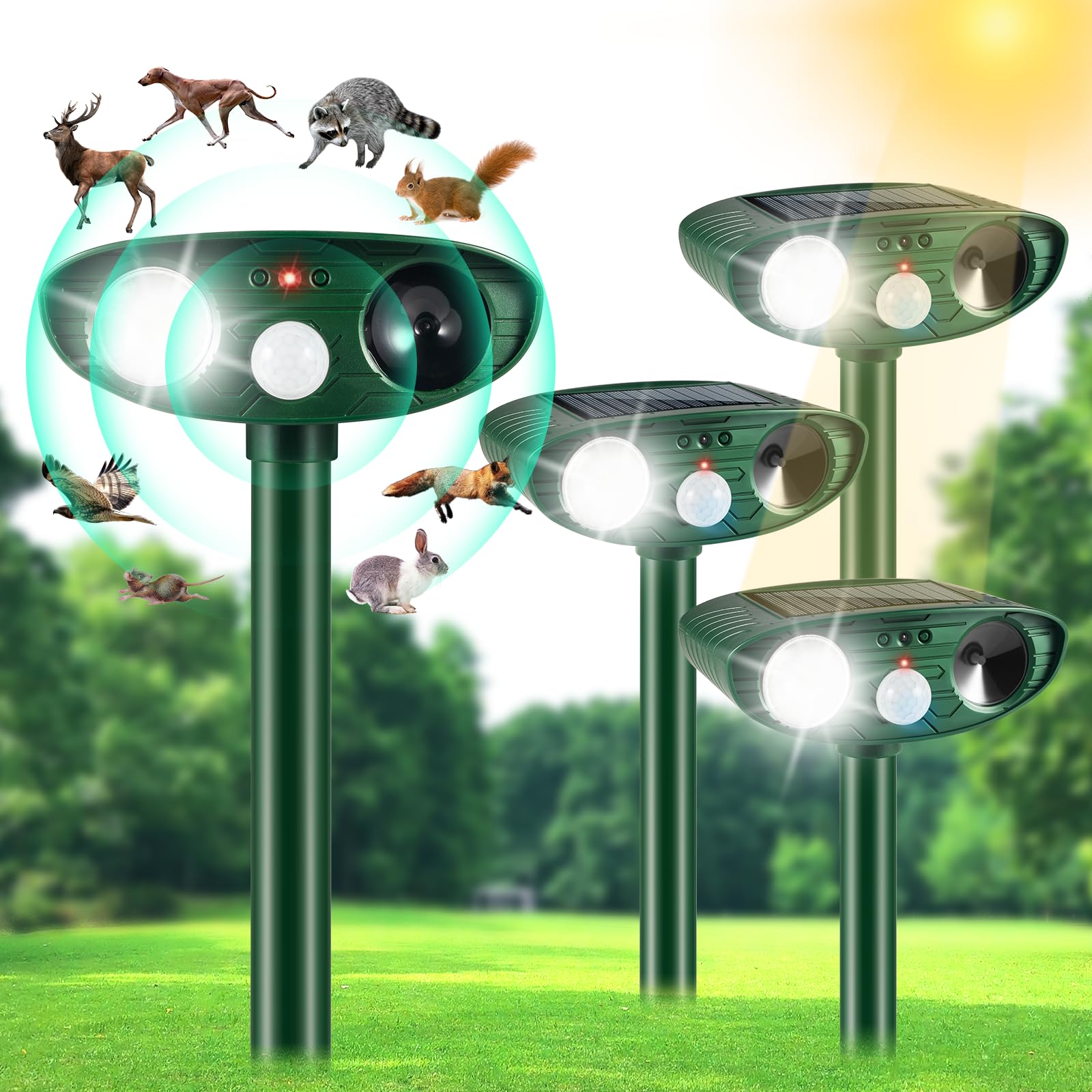 2024 Upgraded Animal Repellent Outdoor,4 Pack Solar Deer Repellent Devices Ultrasonic Cat Repellent Solar Animal Repeller with Motion Sensor Predator Lights to Scare Squirrel Raccoon Coyote Skunk Dog