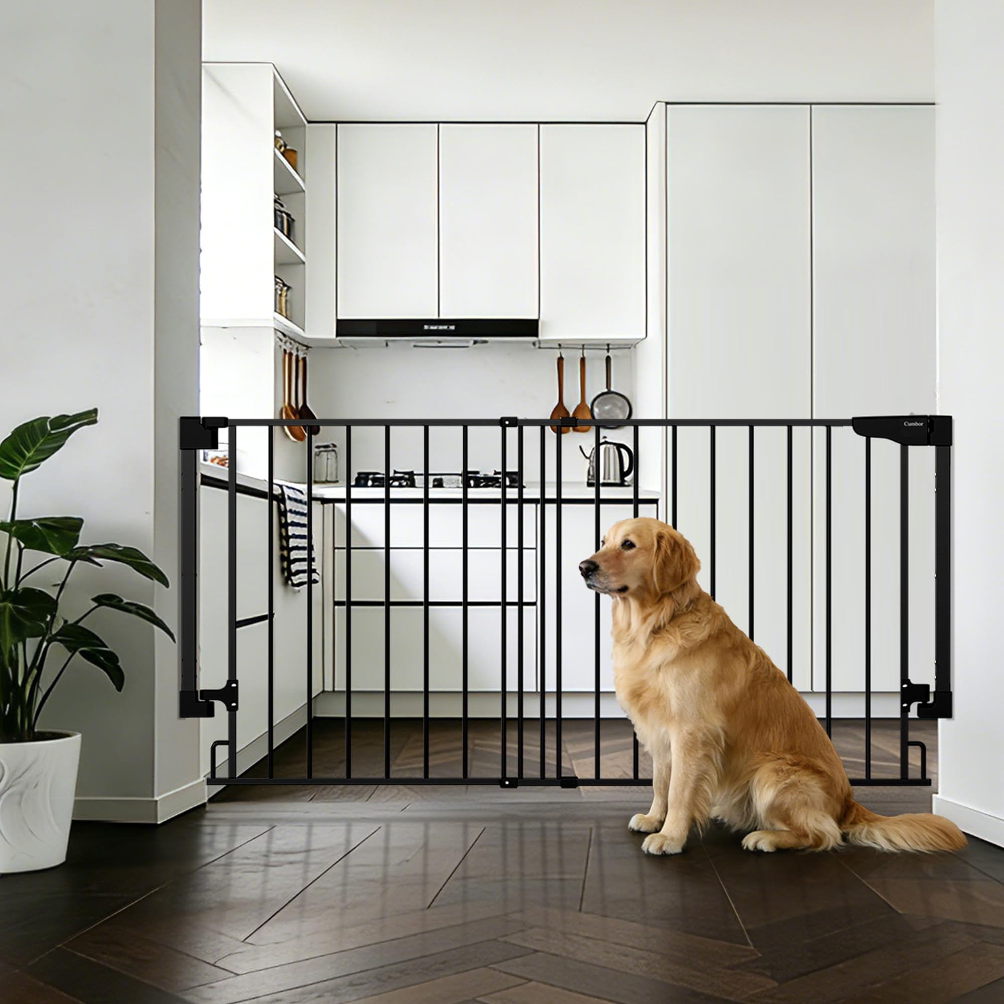 Cumbor 55in No Bottom Bar Baby Gate for Stairs, 2-in-1 Auto Close Dog Gate Indoor, Hardware Mounted Pet Gate for Doorways with Large Walk Thru Door, Child-Proof Safety Gate for Kids (Black)