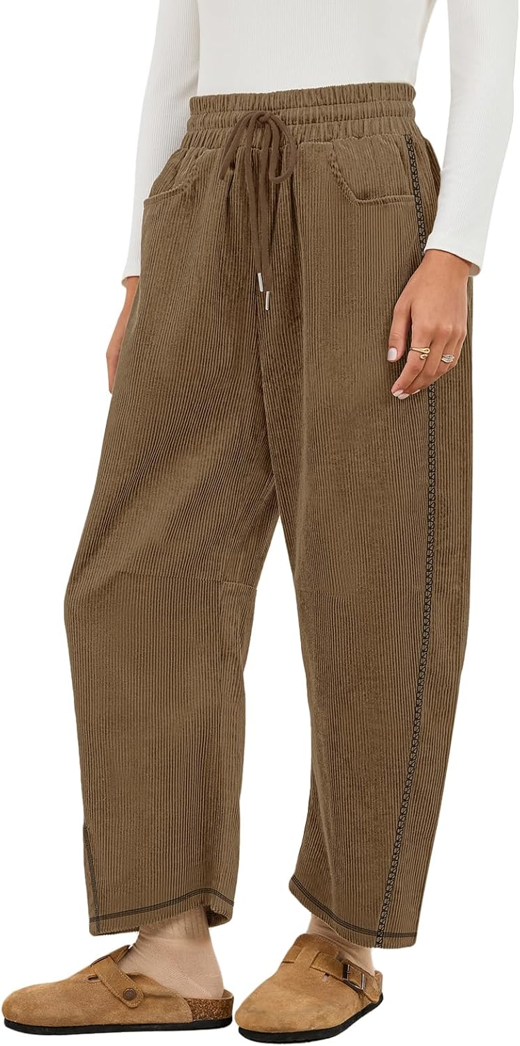 Tanst Sky Womens Corduroy Barrel Pants Wide Leg Drawstring Elastic Waist Baggy Ribbed Trouser with Pockets - Image 4