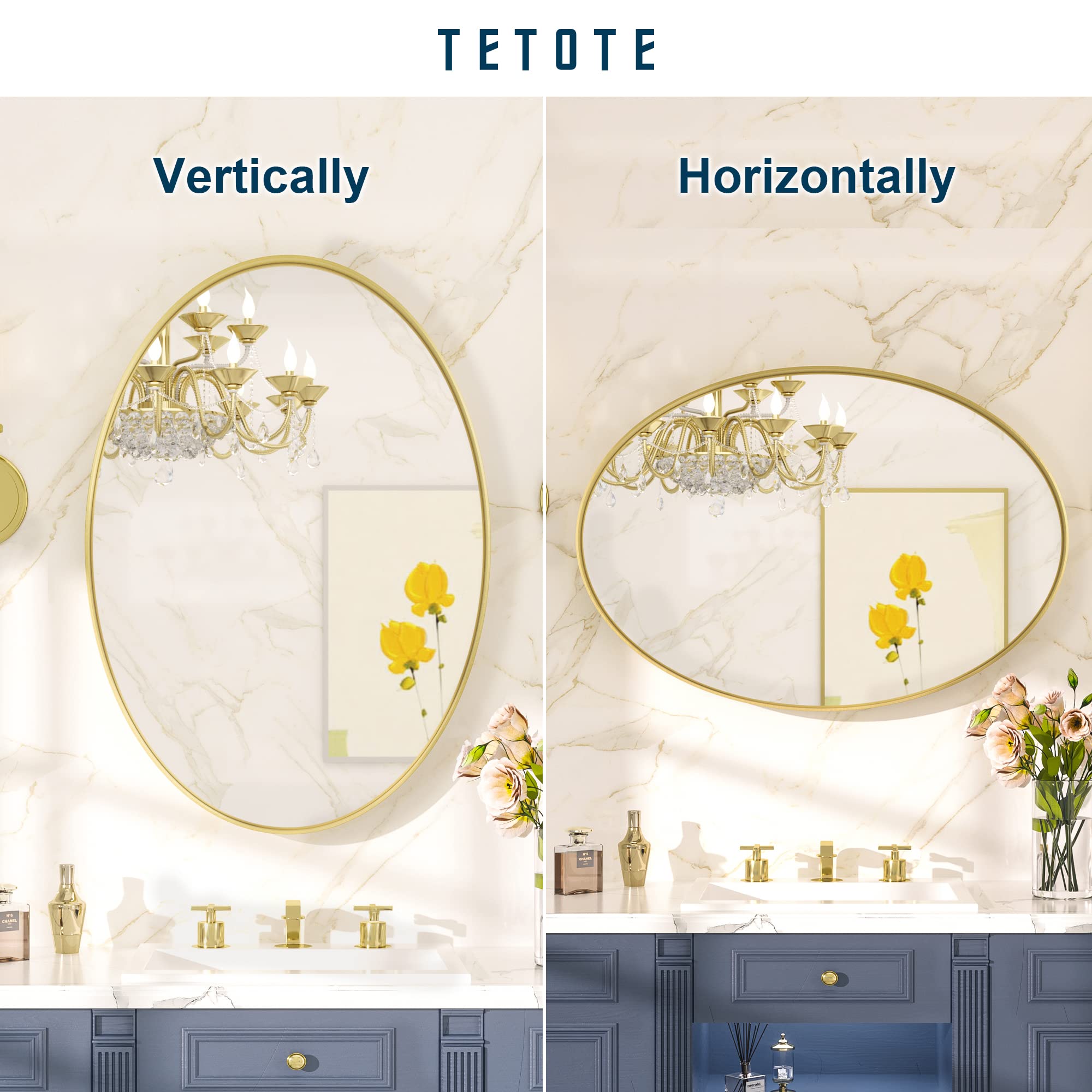 TETOTE Gold Oval Bathroom Mirror, 24x36 Brushed Brass Framed Wall Mounted Mirror for Vanity, Modern Decorative Shatterproof Oval Wall Mirrors for Entryway, Living Room, Bedroom