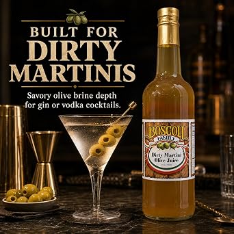 Boscoli Family Dirty Martini Olive Juice, 25 oz. | One 25 oz bottle of olive brine mixer for adjustable dirty martinis, savory cocktails and culinary use.