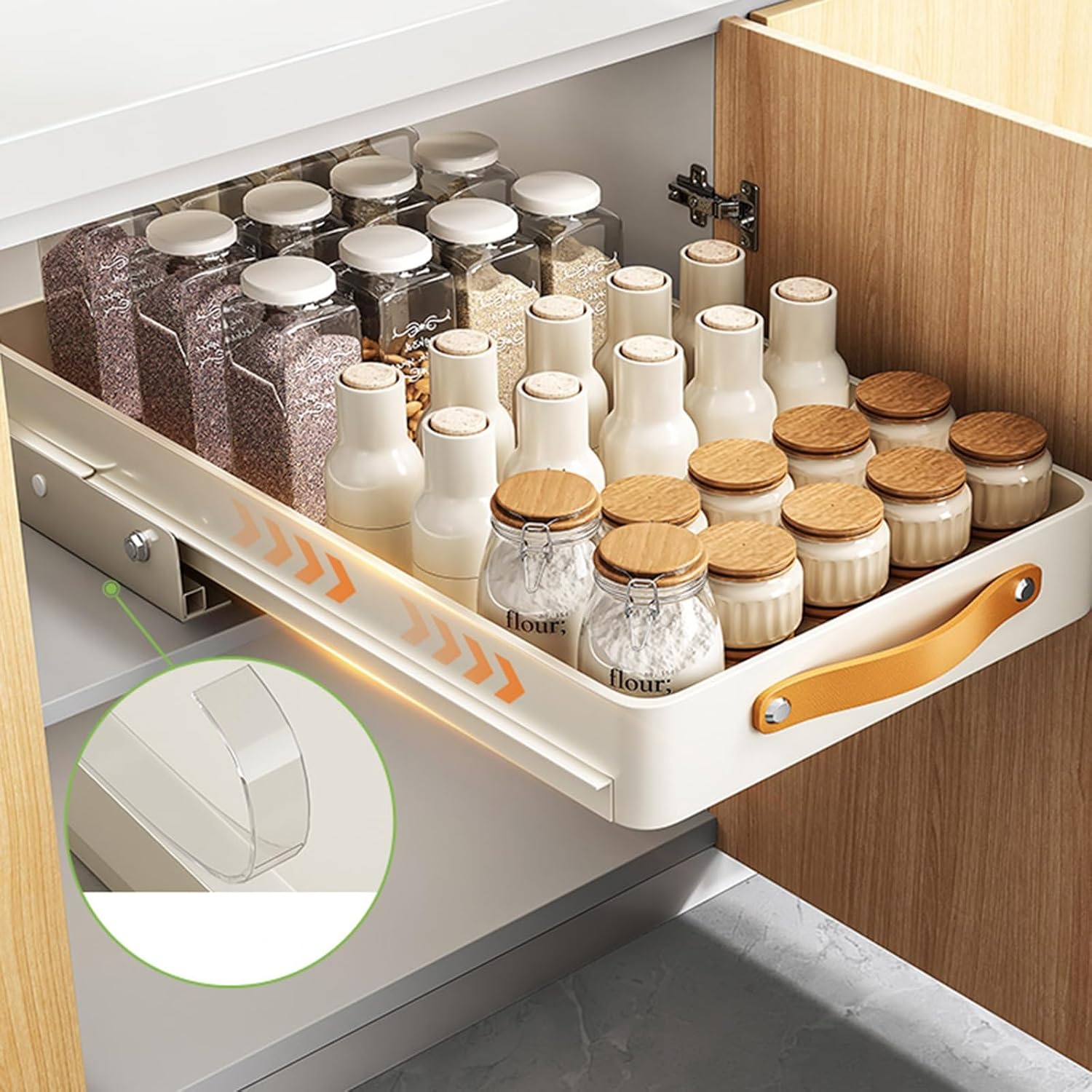 Double Layer Pull Out Cabinet Organizer, Steel Slide Out Drawers with Adhesive Nano Film Fixed for Kitchen, Living Room,Bathroom (White(Set of 2) 35x48x8cm)