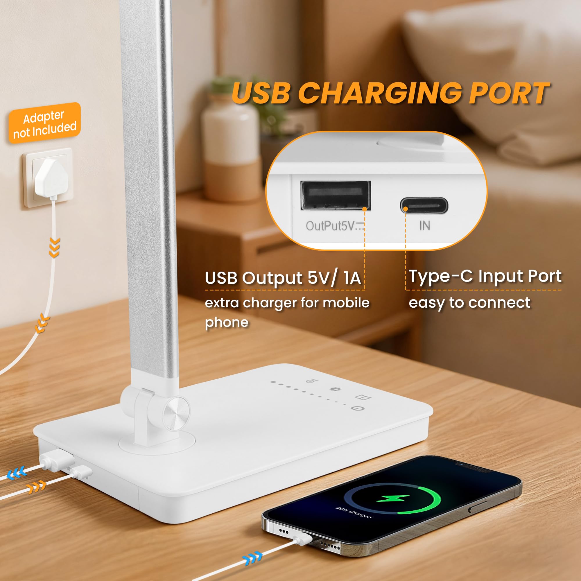 Akynite LED Desk Lamp Dimmable with USB C Port, 5 Color Changing 10 Brightness, 45Min Timer Touch Control LED Desk Light - Image 4
