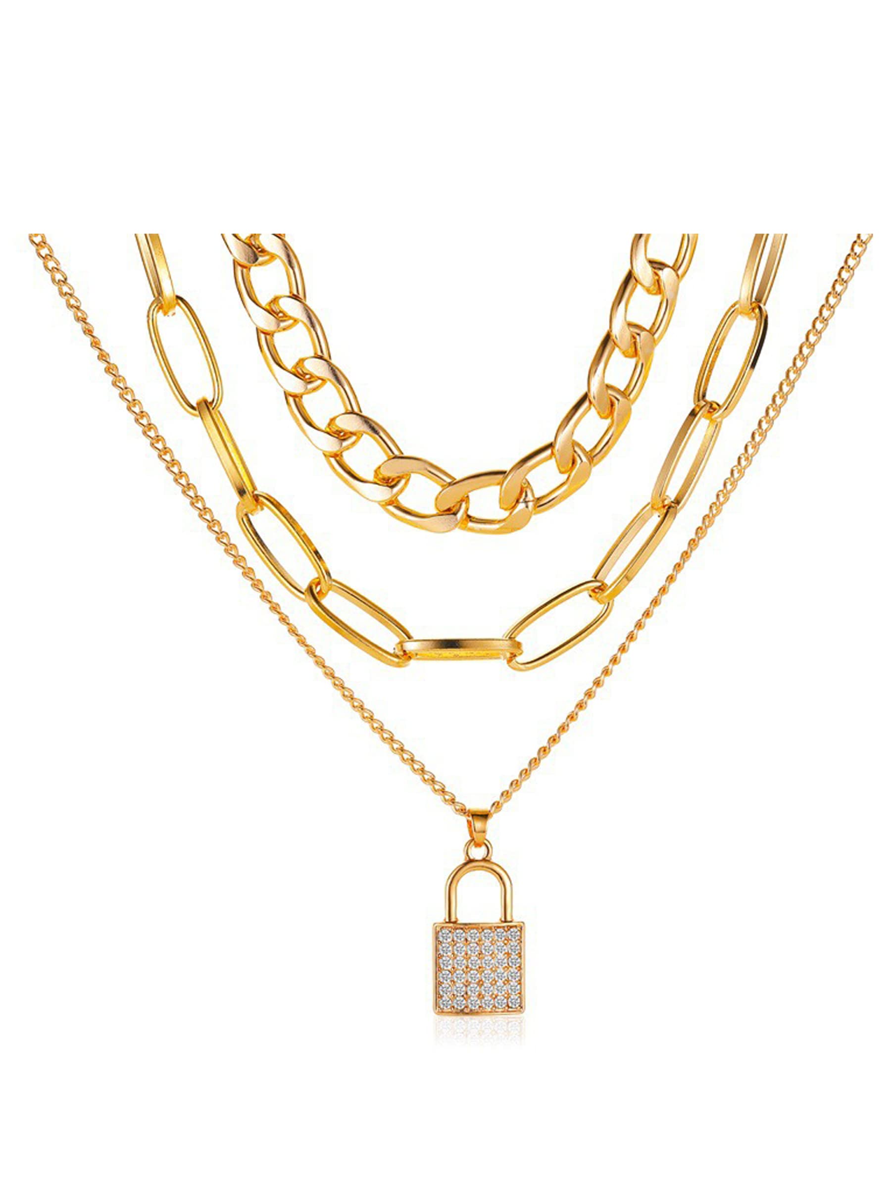 Vembley Stylish Golden Triple Layered Chunky Chain Studded Lock Pendant Necklace for Women and Girls (B0B14JGGPH) Amazon Price History, Amazon Price Tracker