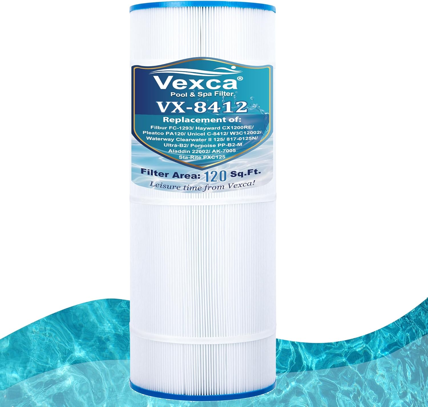 Vexca® Swimming Pool Filter Cartridge Compatible with PA120, Unicel C-8412, FC-1293, Hayward C1200, CX1200RE, Clearwater II Pro Clean 125, Aladdin 22002, AK-7005, SD-00105, SD-01084, 100 Sq.Ft, 1 Pack