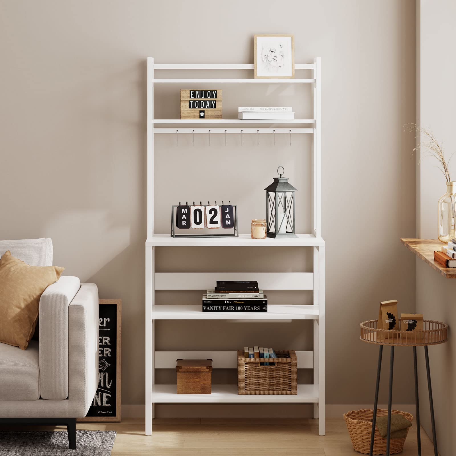 Scaffale da Cucina Mobile Microonde con Ripiani e Prese Stile Industriale Greige