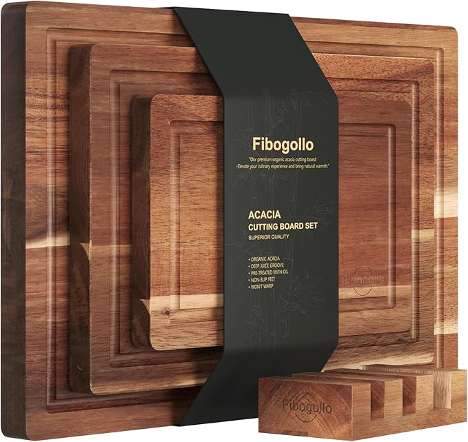 Acacia Wood Cutting Boards for Kitchen(Set of 3),Wooden Chopping Boards Set with Juice Groove,Serving Board with Holder,Butcher Block for Meat,Vegetables,Fruit