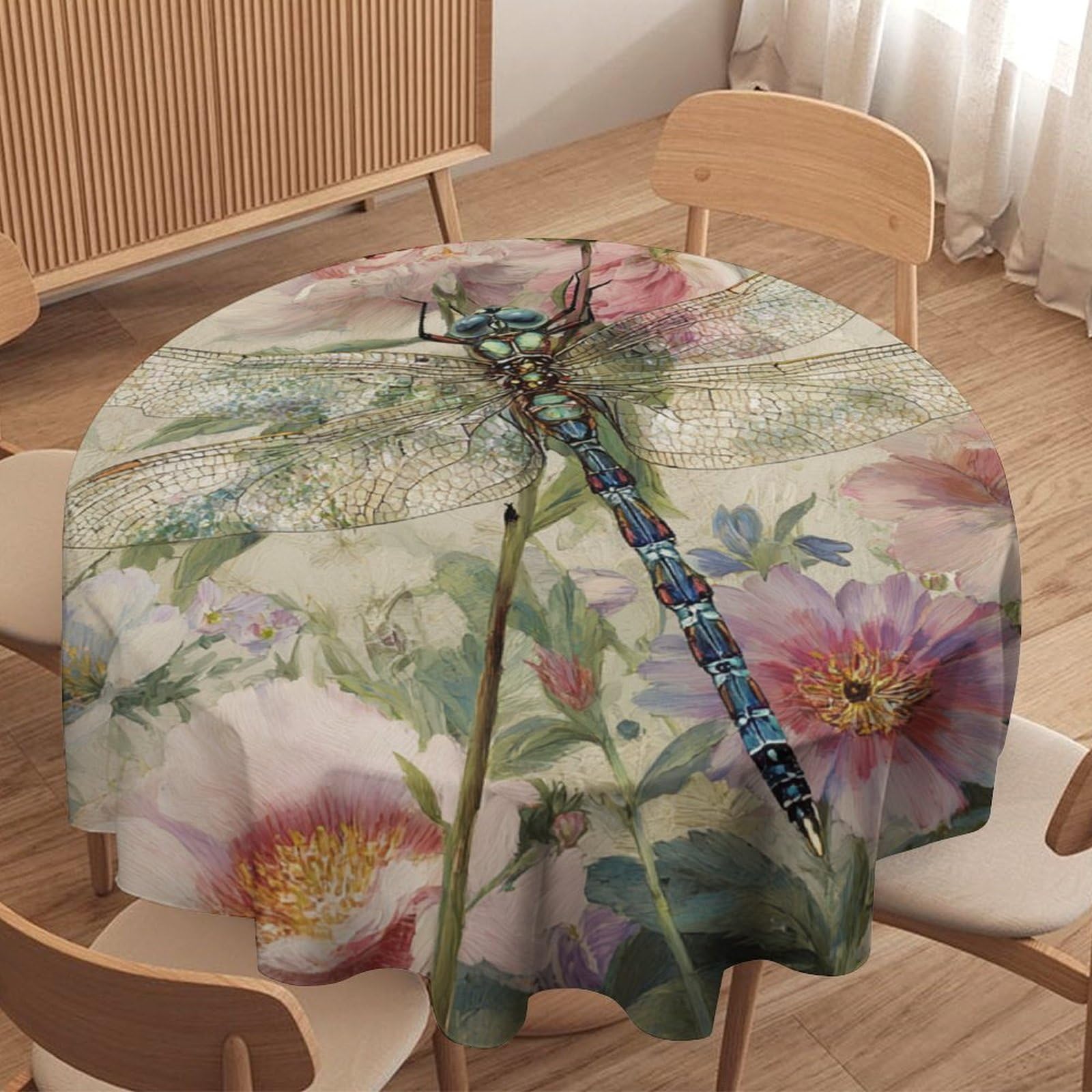 LUYYSKY Romantic Classic Animal Dragonfly Waterproof Round Tablecloth Natural Aesthetic Spring Garden Plant Floral Dragonflies Pattern Washable Table Cover for Kitchen-152.4" Wx152.4 L cm