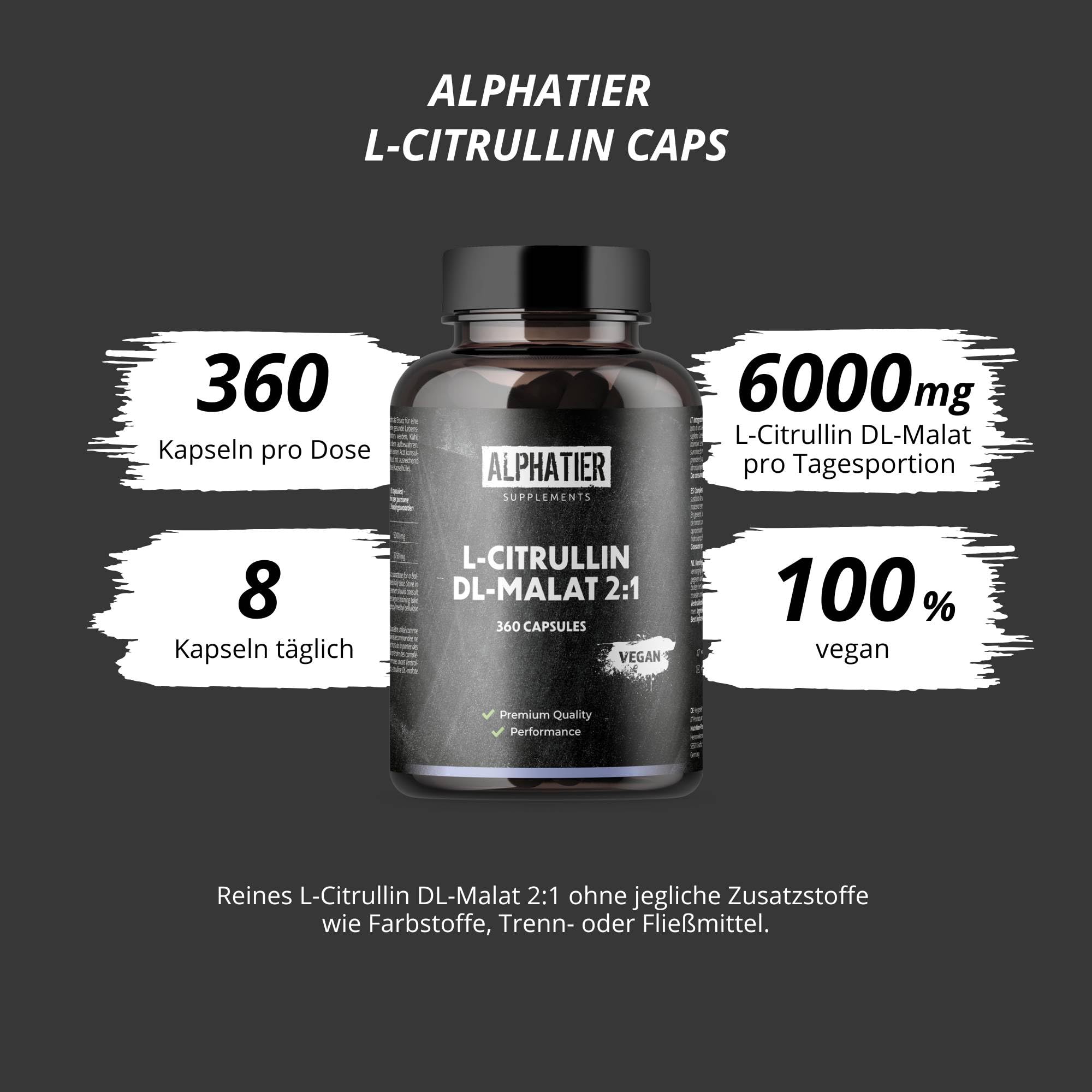 Alphatier L-Citrullin Malat Kapseln - 360 Caps hochdosiert + vegan - Champion L-Citrulline Malate DL 2:1 - Fitness Bodybuilding - Premiumqualität