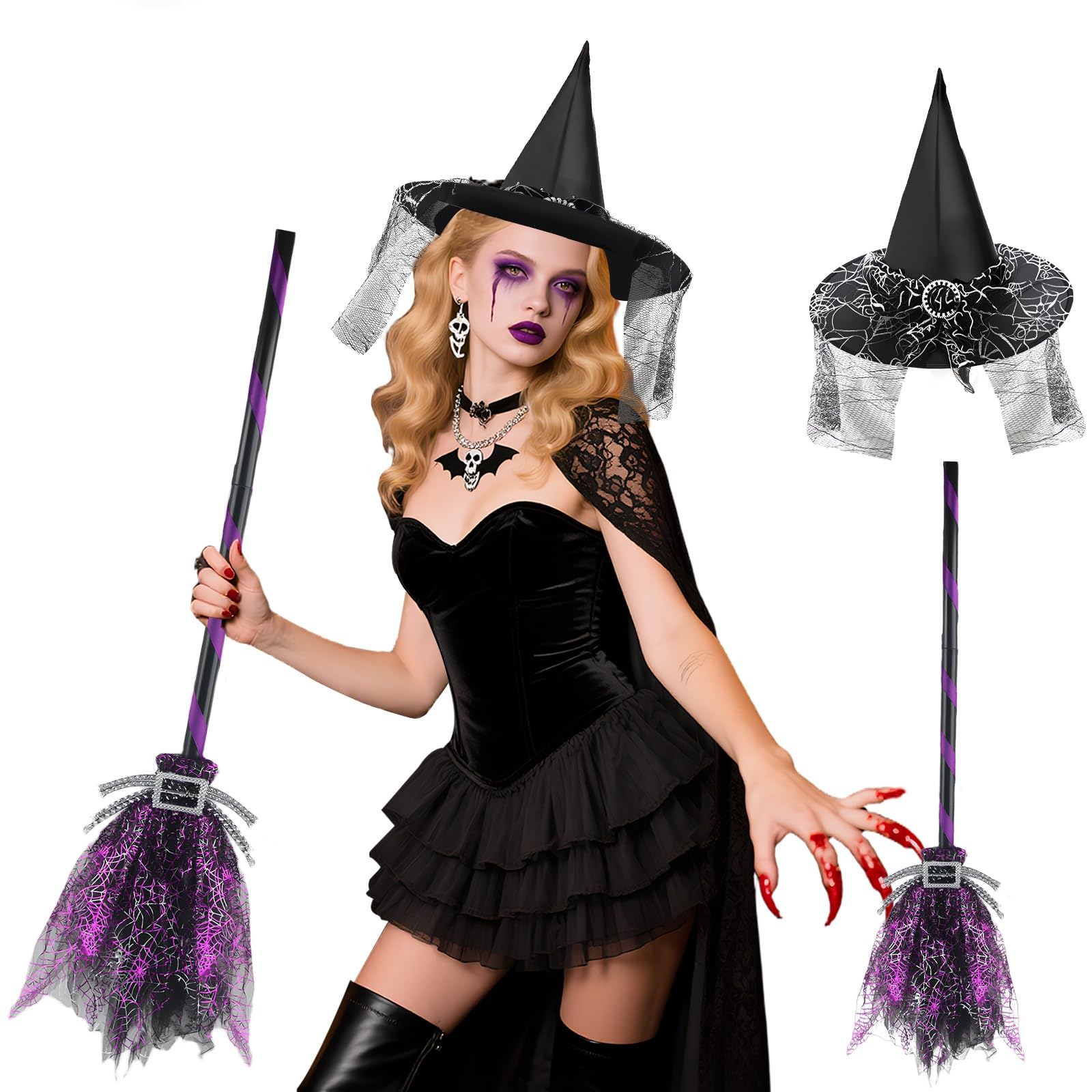 Dwafill Hexenhut Kinder, Hexen Kostüm Mit Halloween Besen, Hexenkostüm Kinder Junge, Umhang Hexe, Zauberlehrling Kostüm Kind, Halloweenkostüm, für Halloween Karneval Kostümpartys