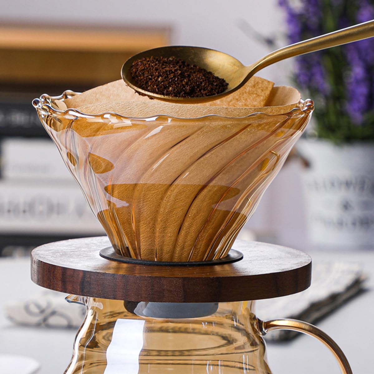 Pour Over Coffee Maker Set, 500ML Glass Carafe Coffee Server with Dripper Set, V60 Glass Coffee Filter with Wood Base for Home Office Gift, 1-4 Cups