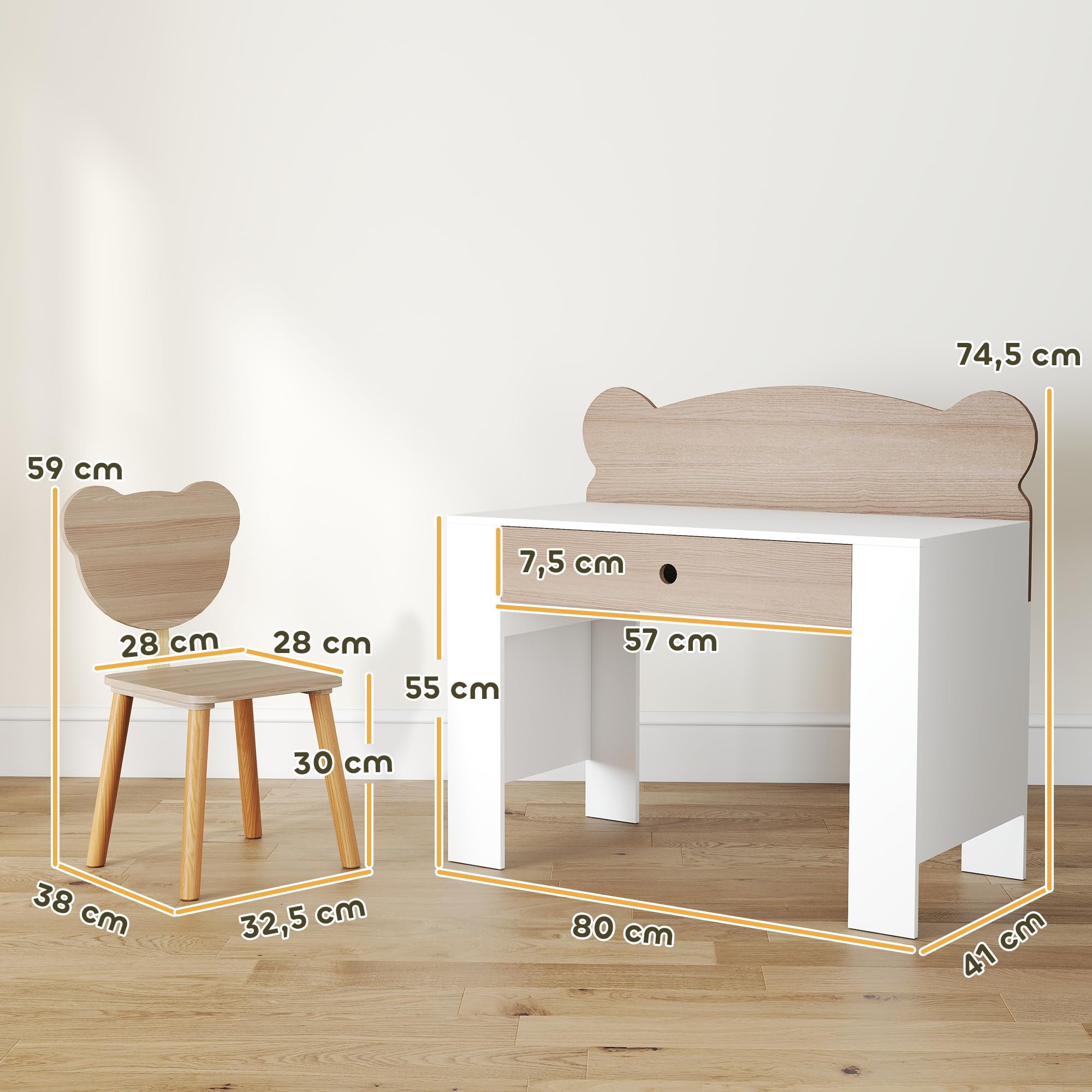 AIYAPLAY Kinderschreibtisch Set mit Tischplatte & Schublade Kinder Schreibtisch und Stuhl mit Bärenform Schülerschreibtisch Kindertisch Jugendschreibtisch für Jungs & Mädchen Naturholz