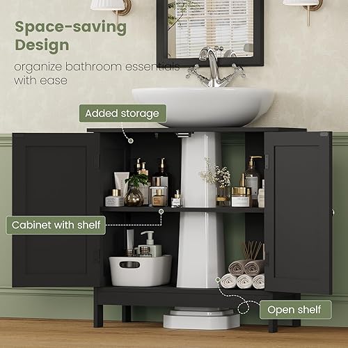 Miniatura 5 de Iwell Armario de almacenamiento para fregadero de pedestal con 2 puertas y estante, gabinete debajo del fregadero, gabinete de lavabo de baño con