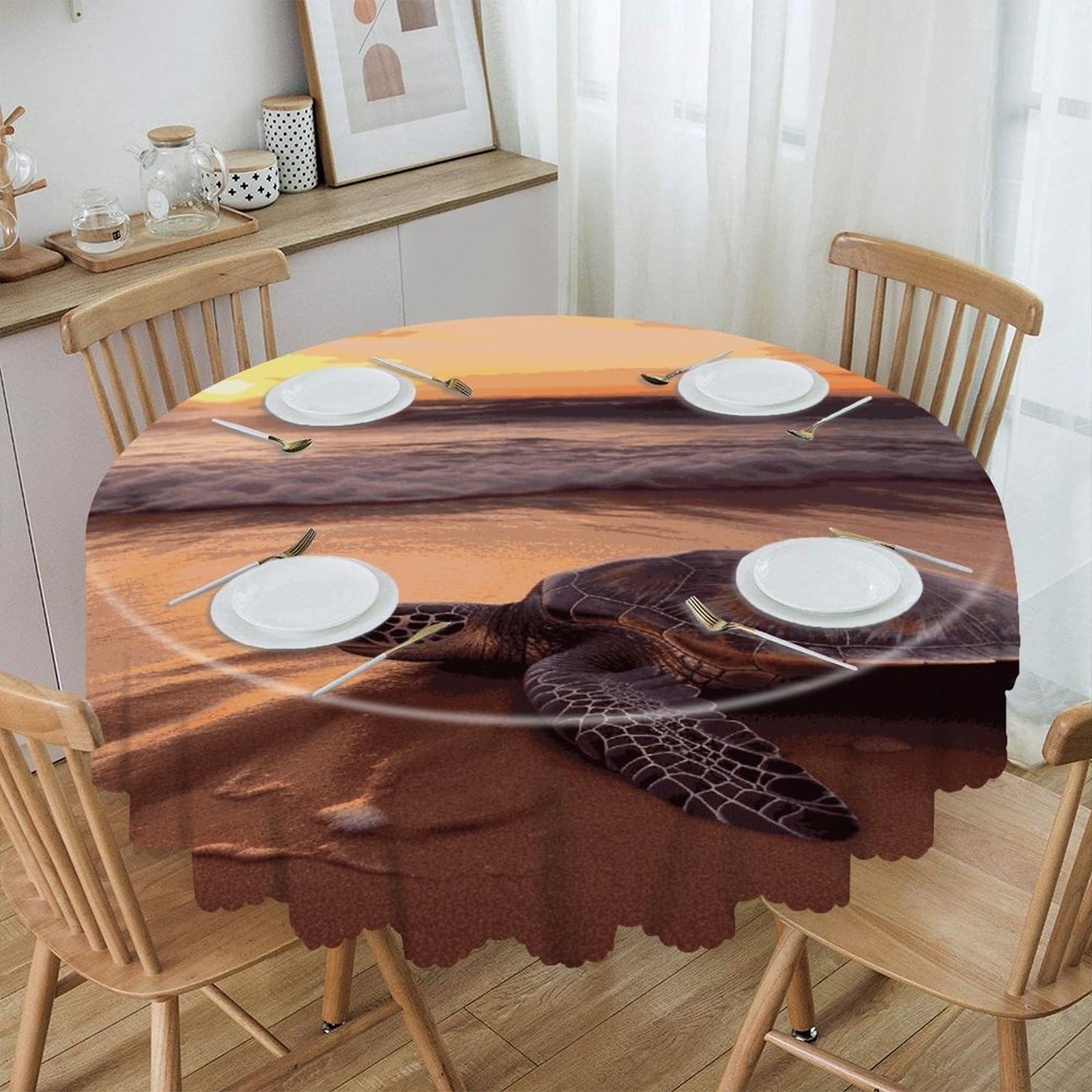 Adfgyerh Style Sea Turtle Sunset Table Cloth Easy To Clean, Home Decor Lace Design, Soft And Comfortable, Round Tablecloth Suitable For Homes, Restaurants, Hotels, Patio Tables, Etc.