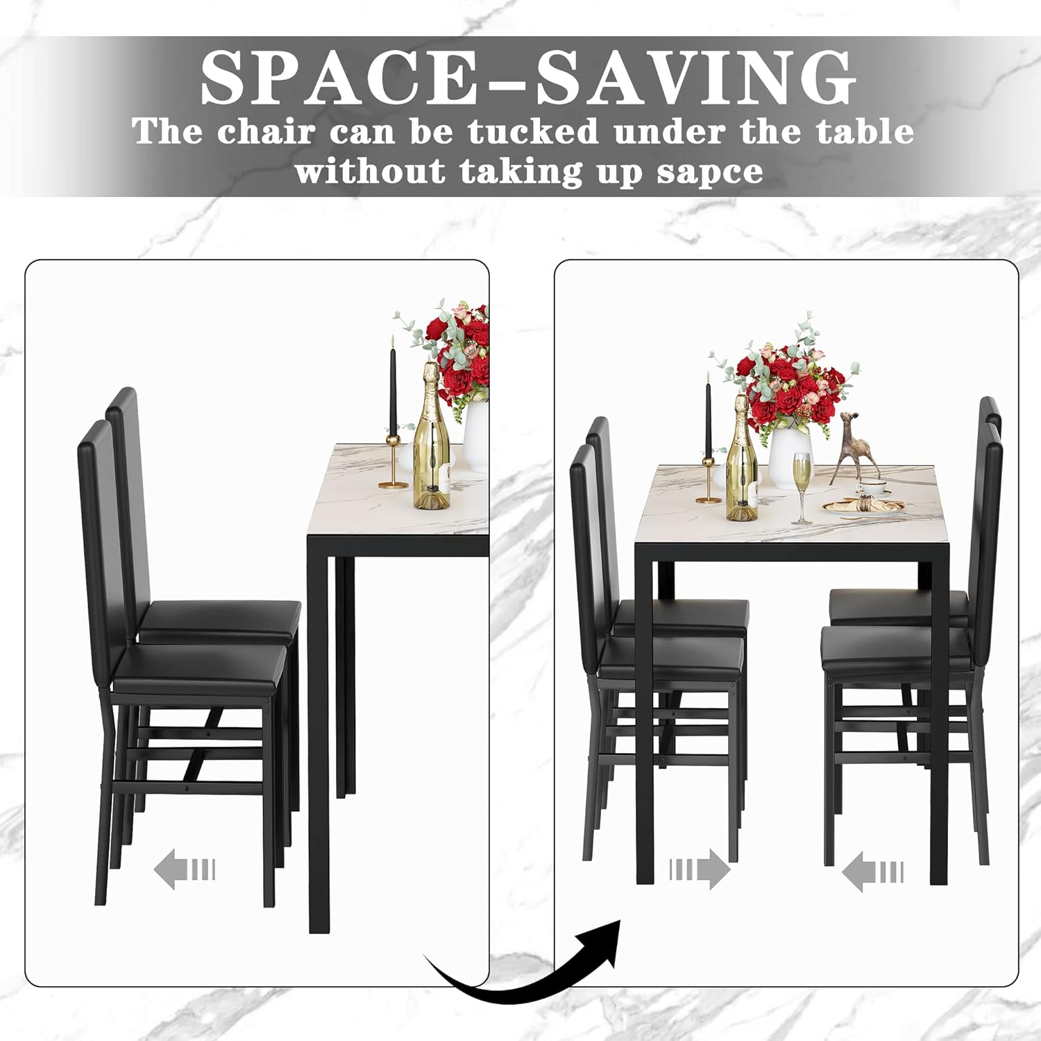 Image demonstrating how the chairs of the Hooseng dining set can be tucked under the table for space-saving