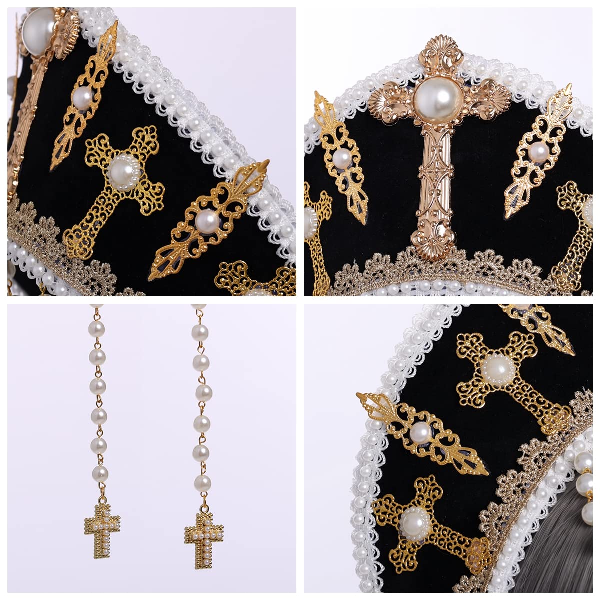Renaissance médiévale Tudor Queen Coiffe pour femme Anne Boleyn Bandeau Royal Coronet élisabéthain Capuche Tiara Chapeau(noir)