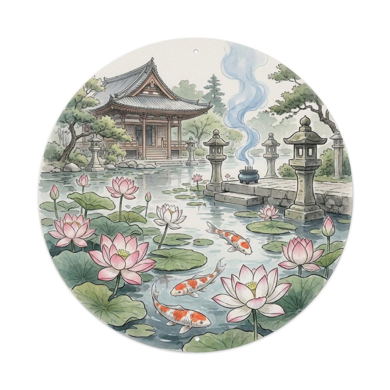 Olyhtr 8X8inch Classic Style Temple Shrine Pond Japanese Garden Koi Vintage Metal Tin Sign