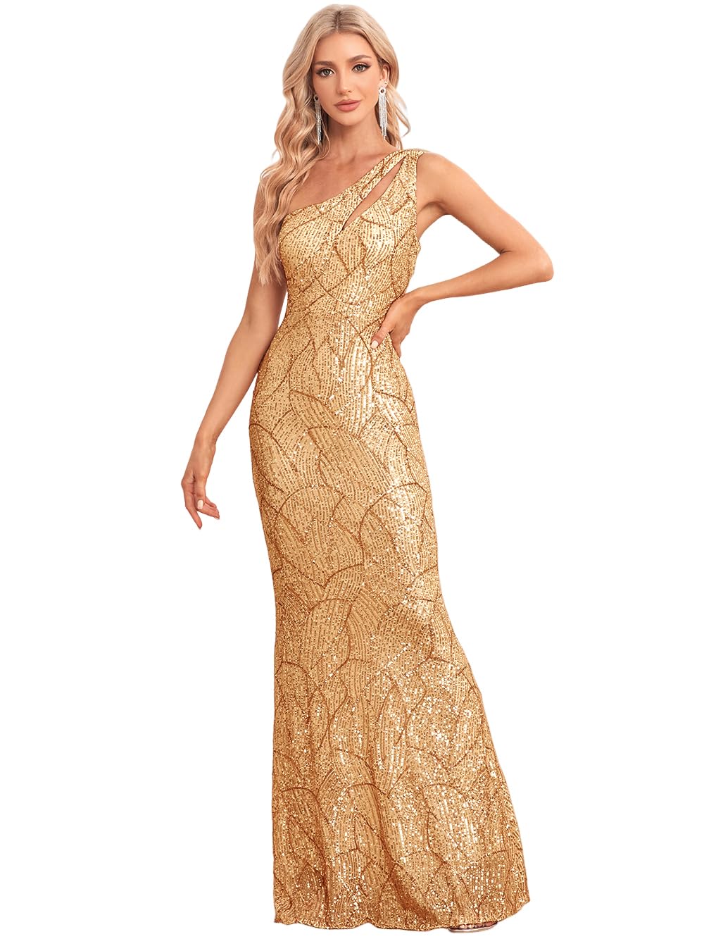Photo 1 of YHHOWEP One Shoulder Formal Sequin Dress for Women Glittering Bodycon Mermaid Maxi Evening Gowns Ball Floor Length Dresses Gold S