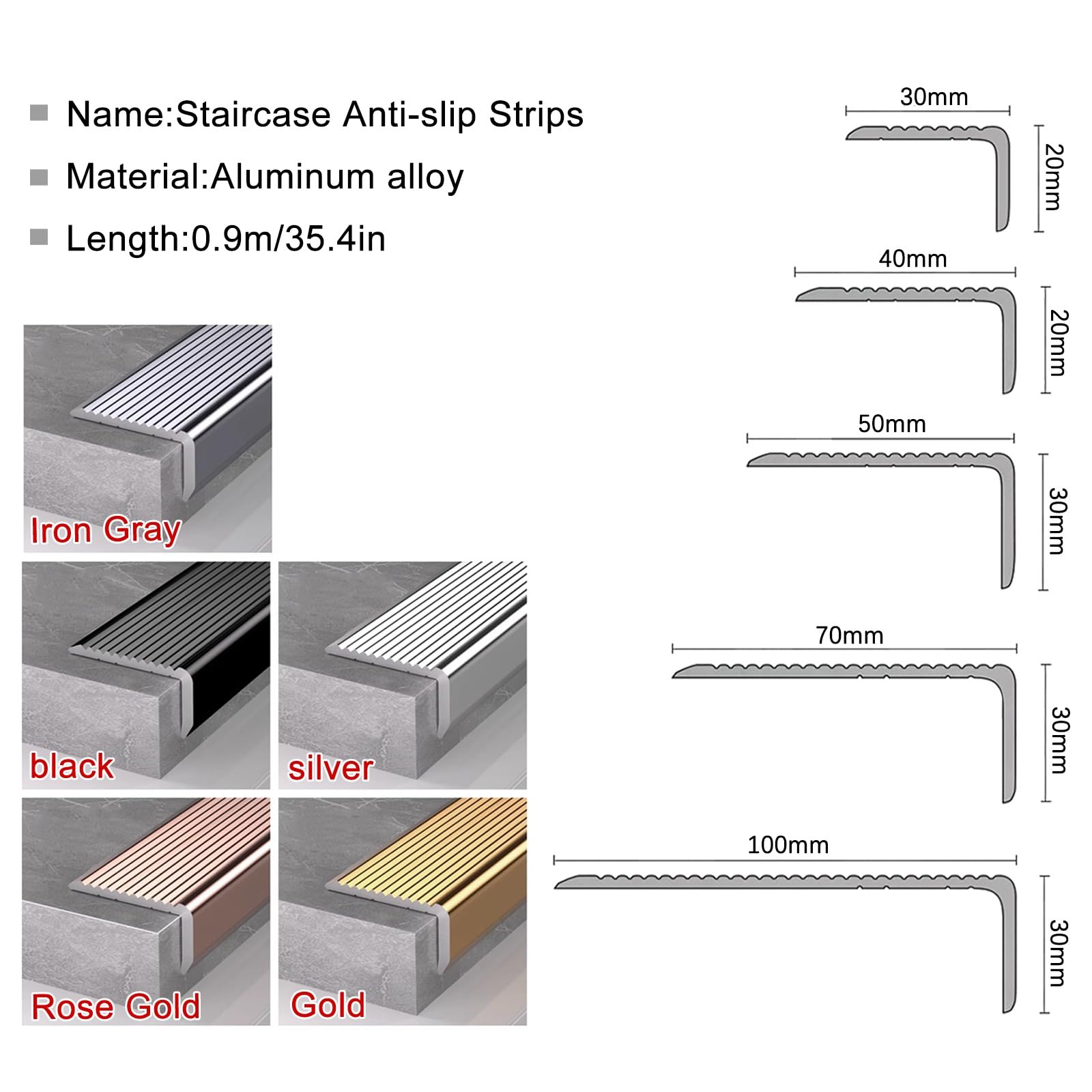 Perfil De Escalera En Aluminio Autoadhesivo, Perfil De Borde Longitud 90 Cm*3, Antideslizante De Borde Escalonado, Perfil De Protección Para Borde De Escalón, Ancho 3/4/5/7/10cm(Gold,100*30mm)