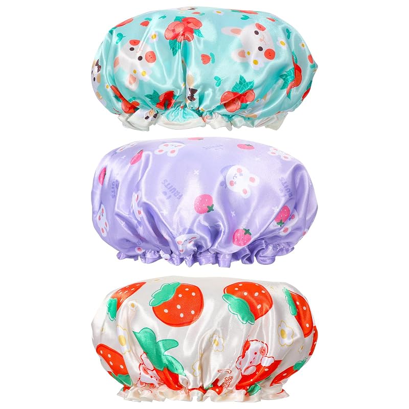 Toucas de banho infantis Jeffdad com design de coelho, dupla camada, cetim e EVA, pacote com 3