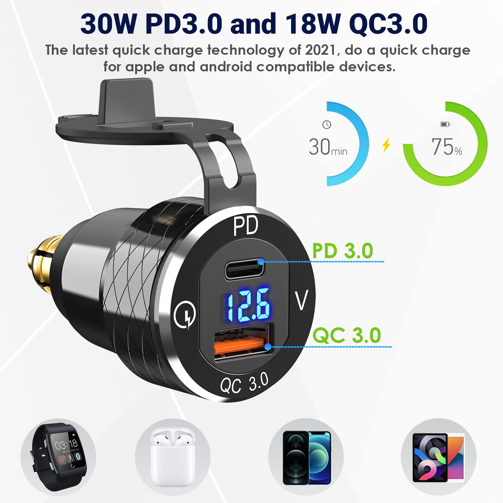 Qidoe Adaptateur Prise DIN vers USB Chargeur de Moto, Métal Double USB PD 30W et QC 18W DIN Socket avec Affichage Tension pour Moto BMW, Ducati, Triumph, Charge Rapide 12V - 24V