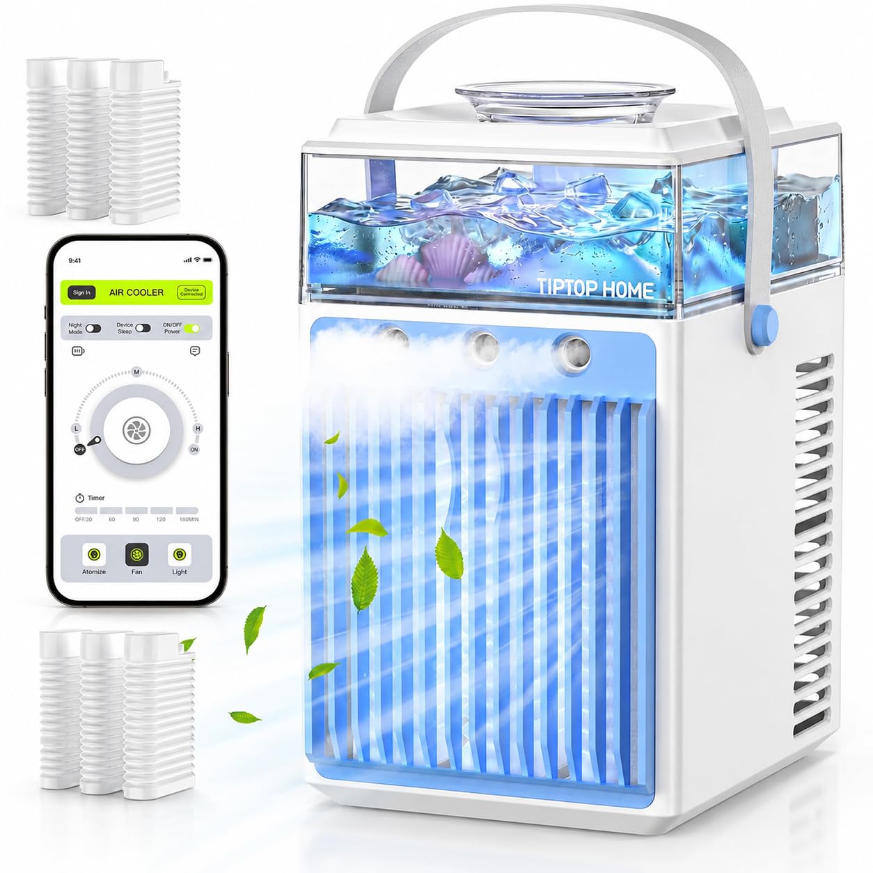Portable Air Conditioner: 5-in-1 Mini Air Conditioner with App Control 800ML Water Tank Evaporative Potable Air Cooler USB Rechargeable Night Light for Bedroom Office Desk Camping