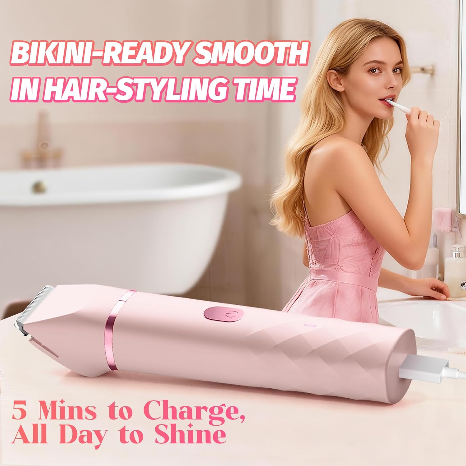 Bikini Trimmer for Women, IPX7 Waterproof, Painless Rechargeable Electric Razor Remover, 2-in-1 Facial & Pubic Hair Removal for Sensitive Skin, Portable Travel Size, Women’s Gift, Pink - Image 7