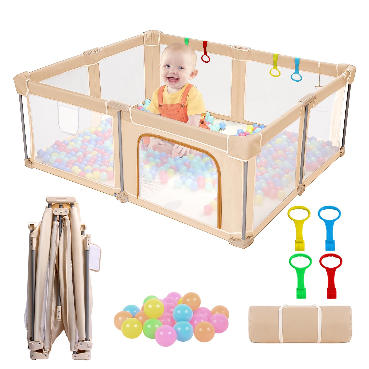 Parc pliable pour bébés et tout-petits, extra large avec portail, centre d'activités pour bébé avec clôture, parc de jeu de voyage (kaki 150 cm x 180 cm)