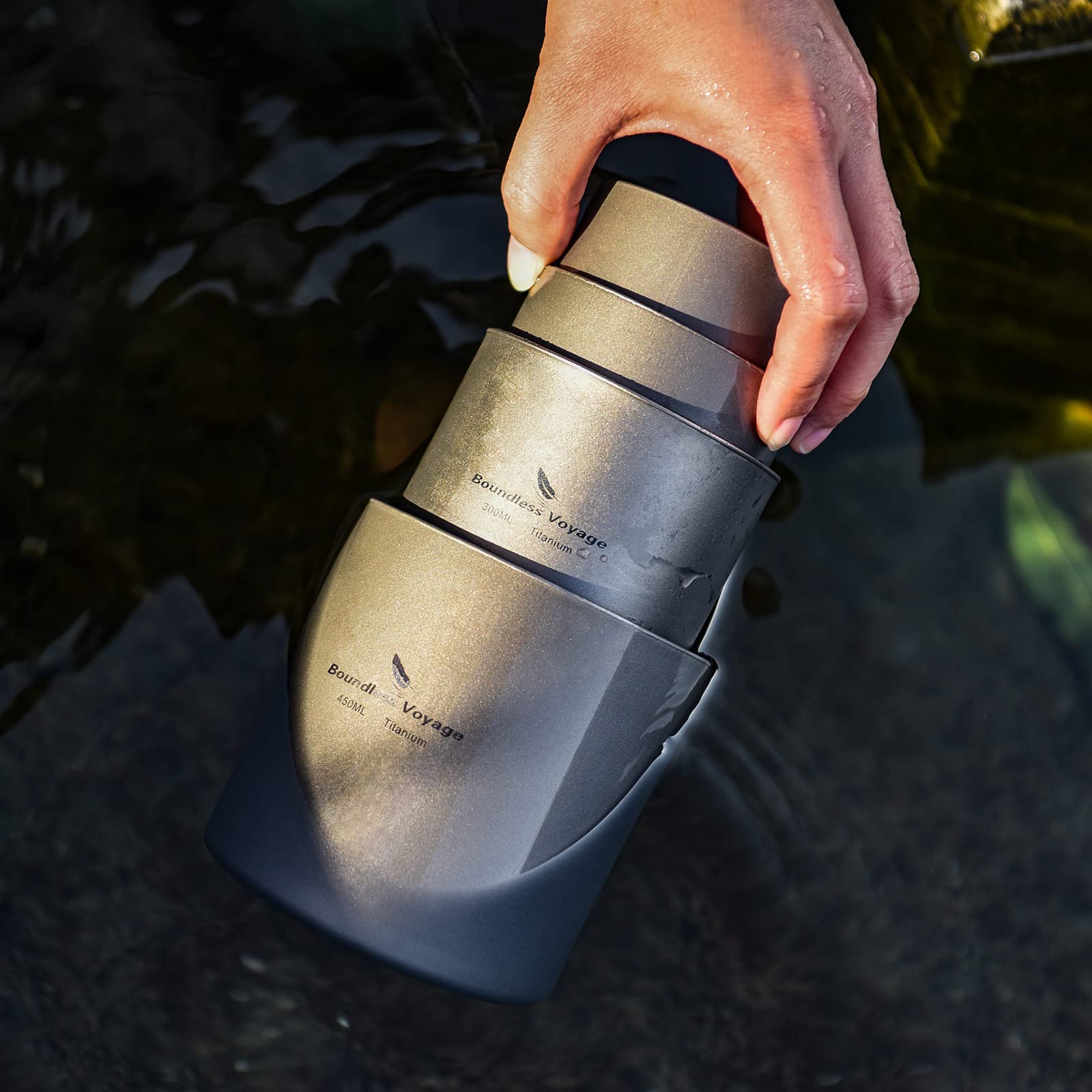 iBasingo Titan Becher Outdoor Camping Faltbare Reisebecher 4 in 1 120ml 180ml 300ml 450ml Doppelwandige Isolierte Tasse Kaffee Trinkgeschirr Leichtes Geschirr für Täglich Gebrauchtes Wandern Ti3032D