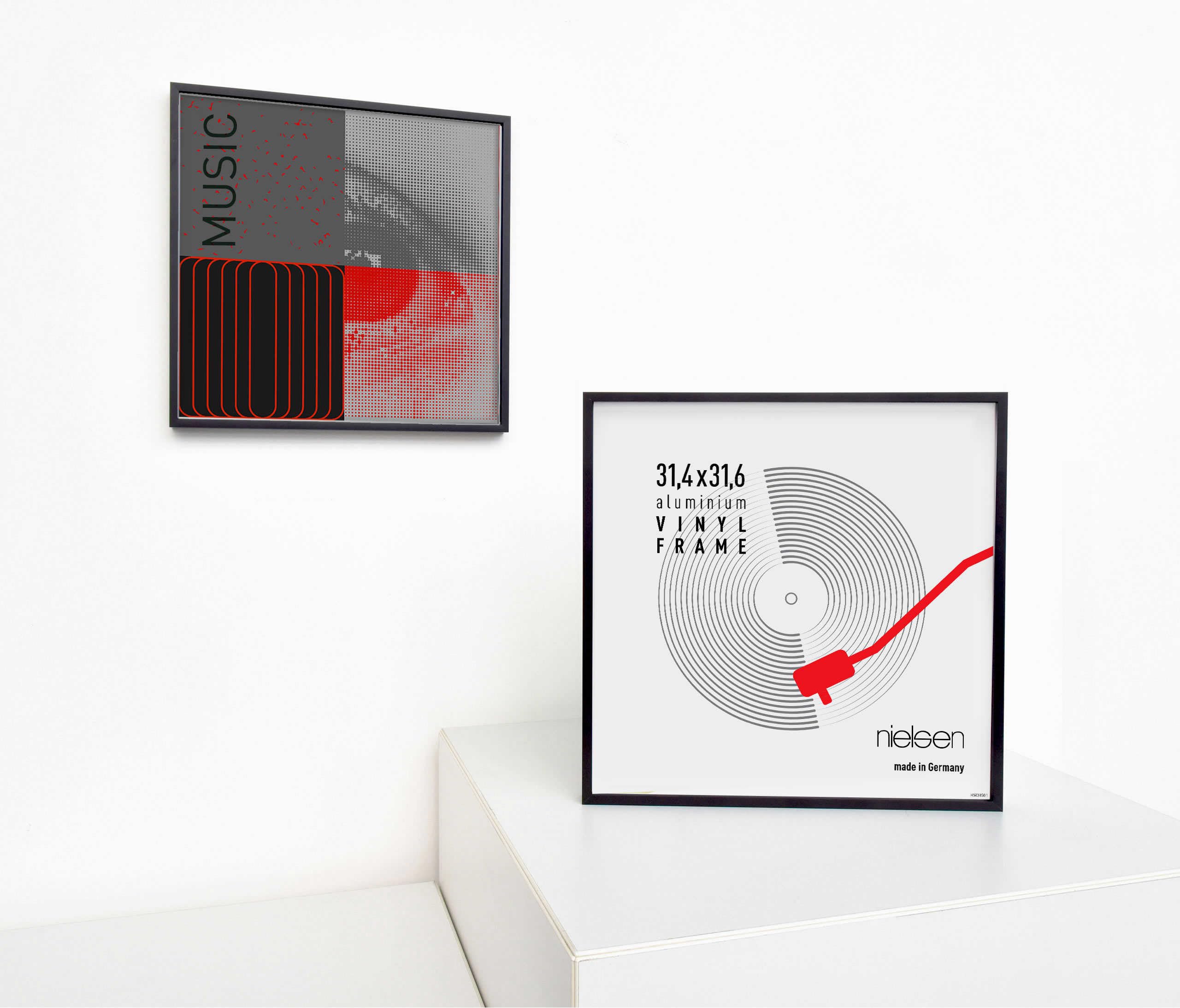 nielsen cadre disque, 31,4 x 31,6 cm, aluminium, Noir mat, cadre vinylepour accrocherau format paysage et portrait, verre synthétique, Vinyl Alu