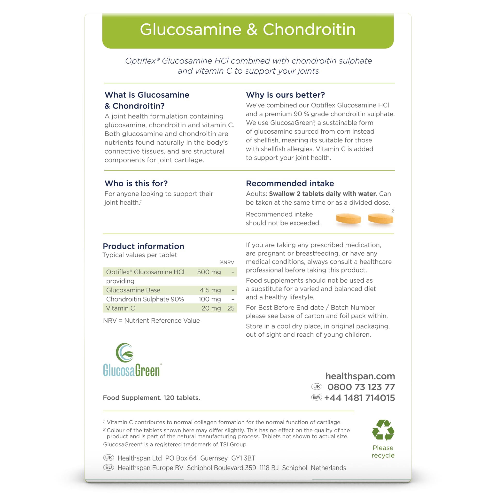 Healthspan Glucosamin & Chondroitin | 500 mg Optiflex Glucosamin & 100 mg Chondroitinsulfat | 20 mg Vitamin C | 120 Tablettem