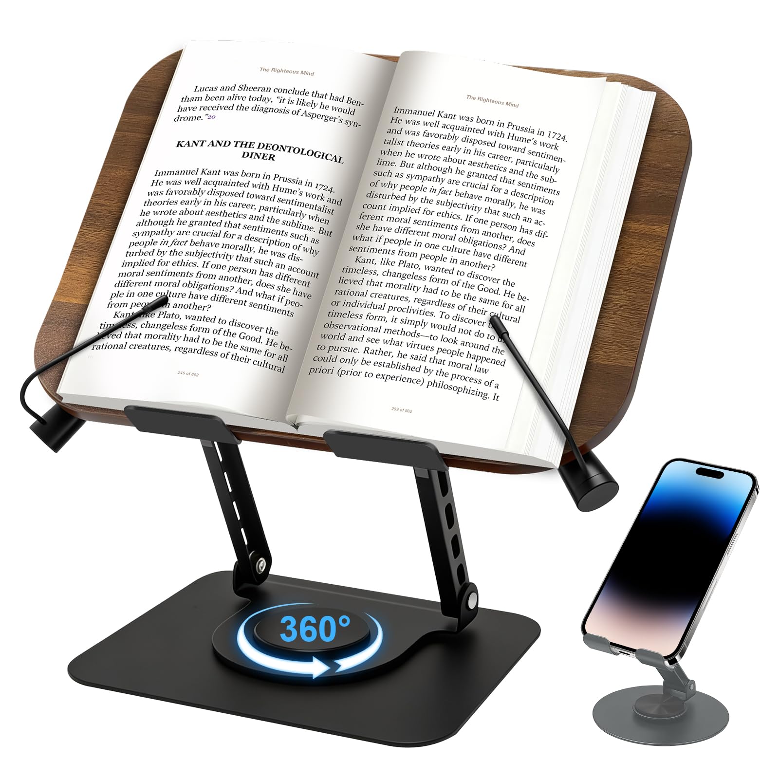 Diesisa Buchhalter Leseständer: Buchständer Holz mit 360° Drehbarer Metallfuß - Verstellbarer Buchständer zum Lesen mit Seitenklammern - Kochbuchhalter - für Küche, Schule, Büro, alle Bücher, Tablet