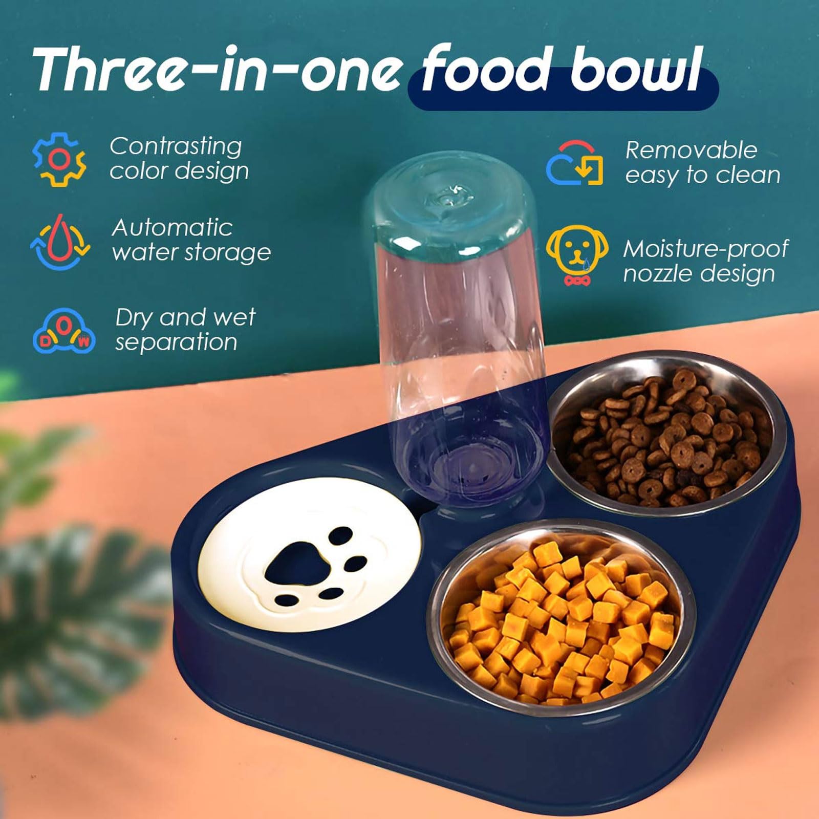 comederos para Mascotas, Comedero for Gatos de Acero Inoxidable 3 en 1, Doble, con depósito automático de Agua for Perros y Gatos.(Blue)